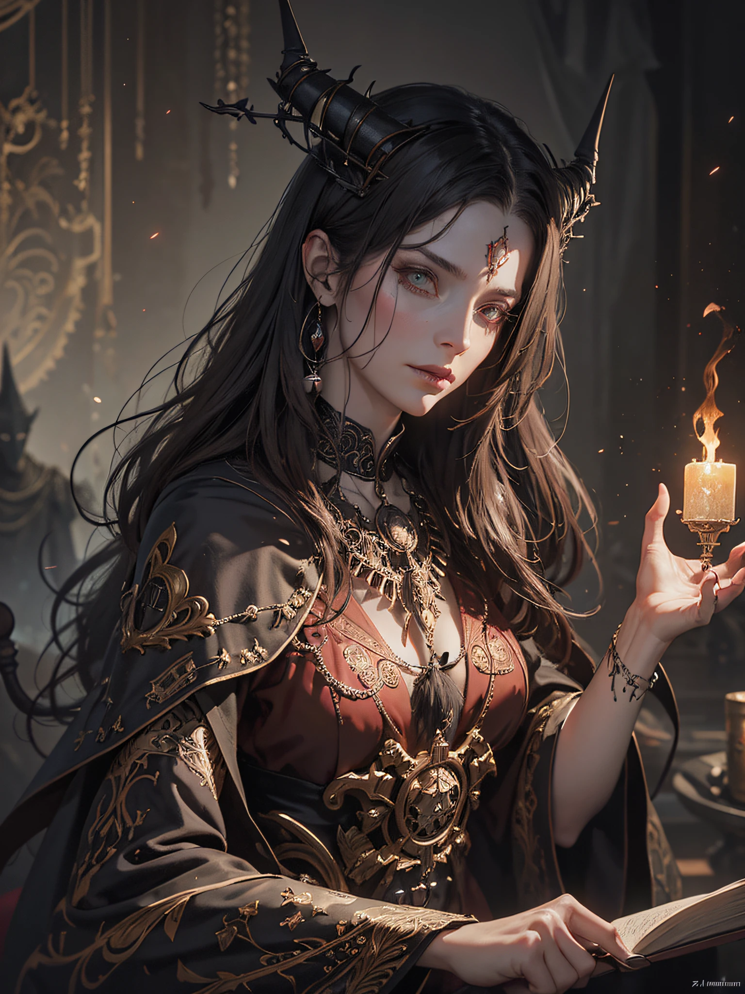 a beautiful portrait of a satanic witch holding a mystical ornate device performing a satanic ritual by wadim kashin and bastien lecouffe - deharme, magic, apocalypse, occult, satanism, Zdzisław Beksiński --auto --s2