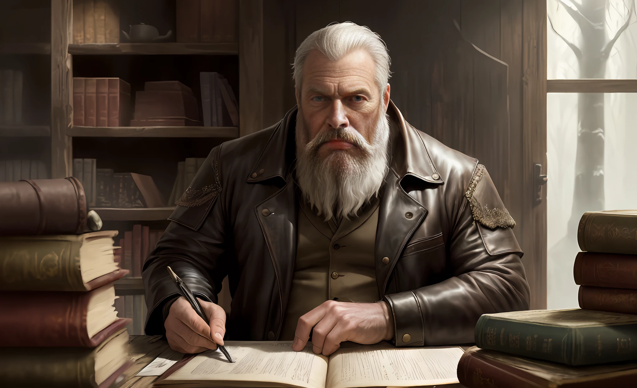 Photo of the most beautiful work of art in the world featuring mentors and mystical beings in the darkness, devastating with scrolls and guard ancestral secrets in a room with several cabinets with many old books(vibrant, realistic photo, realistic, dramatic, dark, sharp focus, 8K), (weather-damaged old and worn leather clothing: 1.4), (global lighting, gloomy environment, volumetric half light)