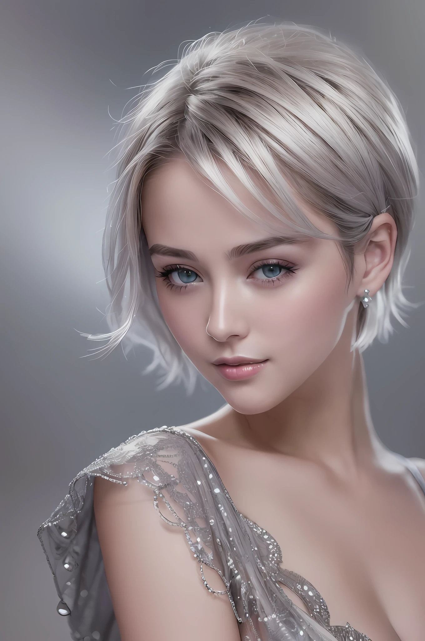(8k, photorealistic, RAW photo, top quality: 1.4), (1girl), super beautiful, (realistic face), (boyish, silver color berry short hair), beautiful bride, seduce viewer, beautiful expression, beautiful breasts, (realistic skin), beautiful smile, (lovely dress), charming, ultra high definition, ultra realistic, high definition, spoiled