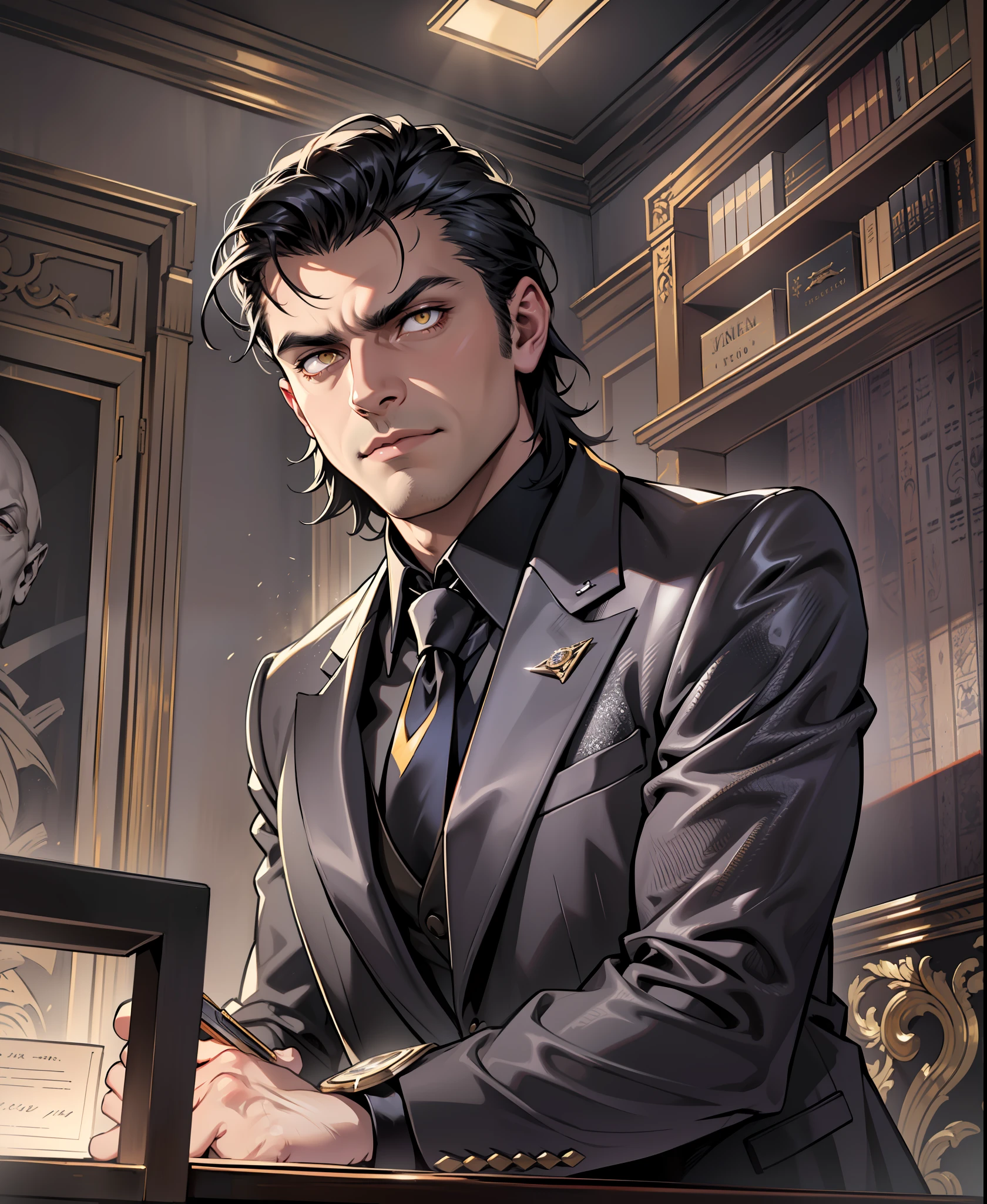 (extremely detailed 8k wallpaper), dark theme, Vampire the Masquerade, modern horror, 2020s, middle-aged man, wearing expensive black designer suit with silver tie, sharp focus, (subsurface scattering:1.1), award-winning photography, centered face, Oscar Isaac's face, ((a shapeshifter))), half-body shot:1.1, medium black hair, supernatural yellow eyes, enigmatic expression, mystical library interior with a large silver dagger on a study table,  dramatic lighting