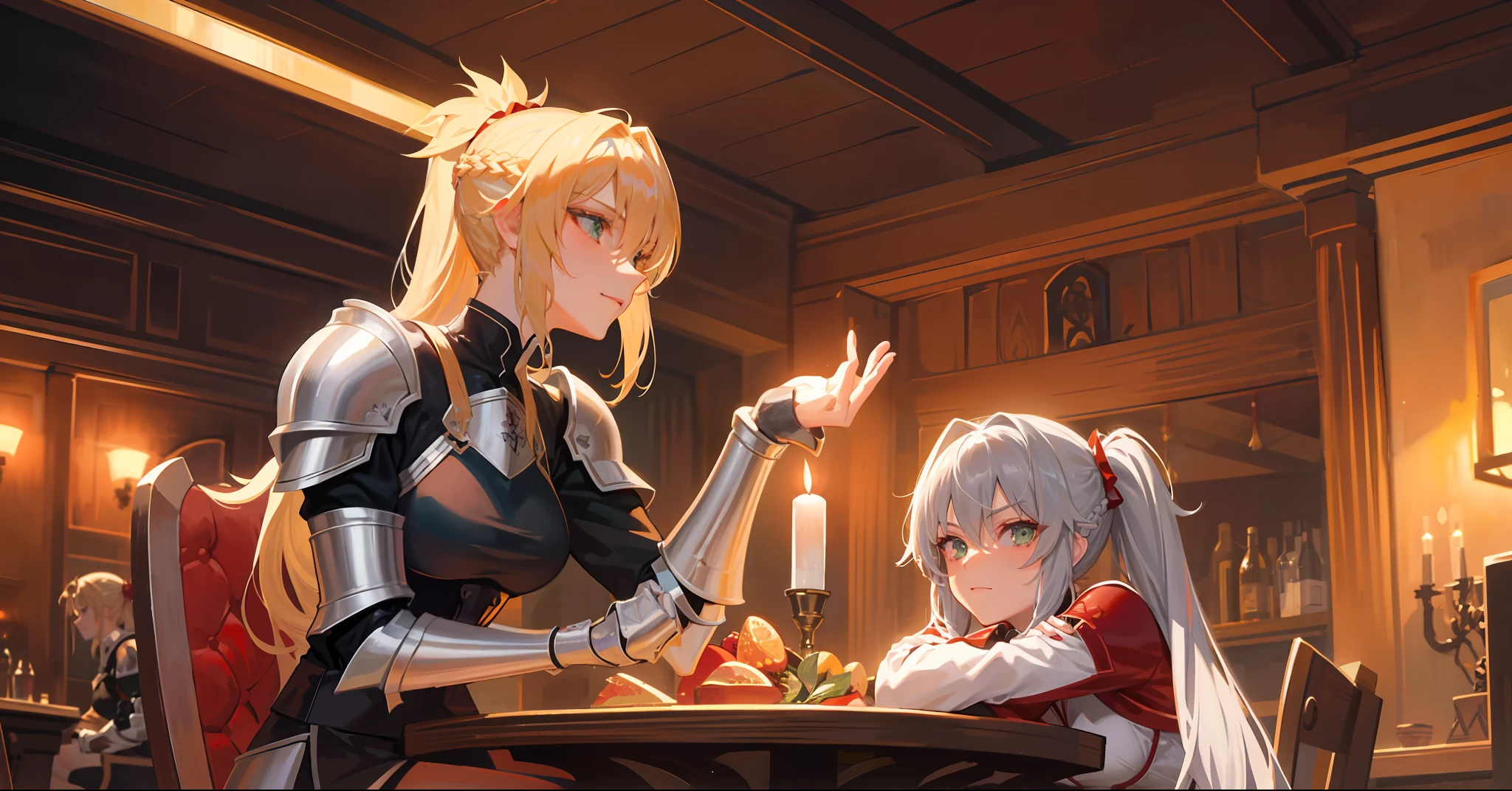 1girl, wifo, mature woman, muscular, solo, mordred \(fate\), ponytail, green eyes, braid, smug, full body, full knight armor, silver armor, mordred armor, fate apocrypha, red edges, tavern, table, sitting in chair, crossed legs, no errors, well detailed, extremely well done, scene at night, table with candles, lighting by candles, medieval bar, holding a glass of wine, looking at the viewer, large breasts