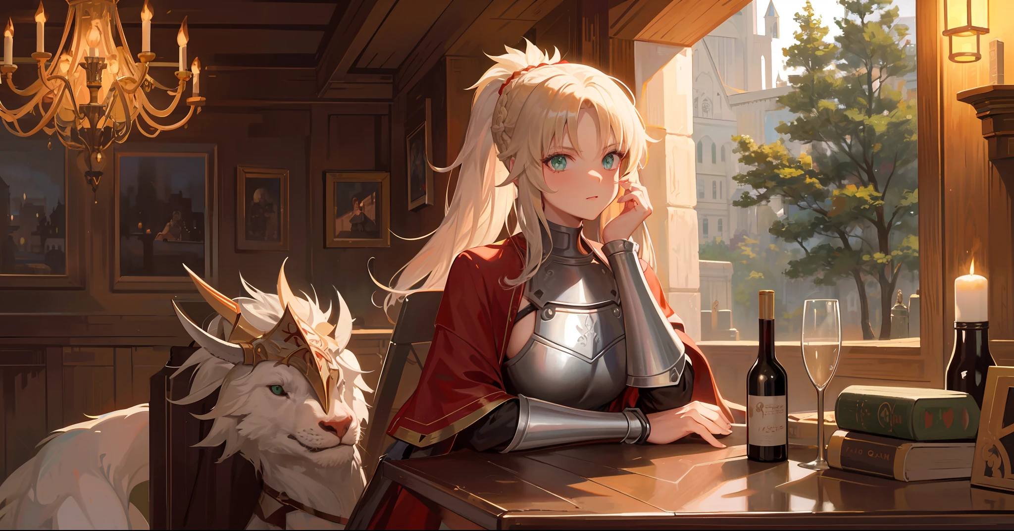 1girl, wifo, mature woman, muscular, solo, mordred \(fate\), ponytail, green eyes, braid, smug, full body, full knight armor, silver armor, mordred armor, fate apocrypha, red edges, tavern, table, sitting in chair, crossed legs, no errors, well detailed, extremely well done, scene at night, table with candles, lighting by candles, medieval bar, holding a glass of wine,  looking at the viewer, large breasts