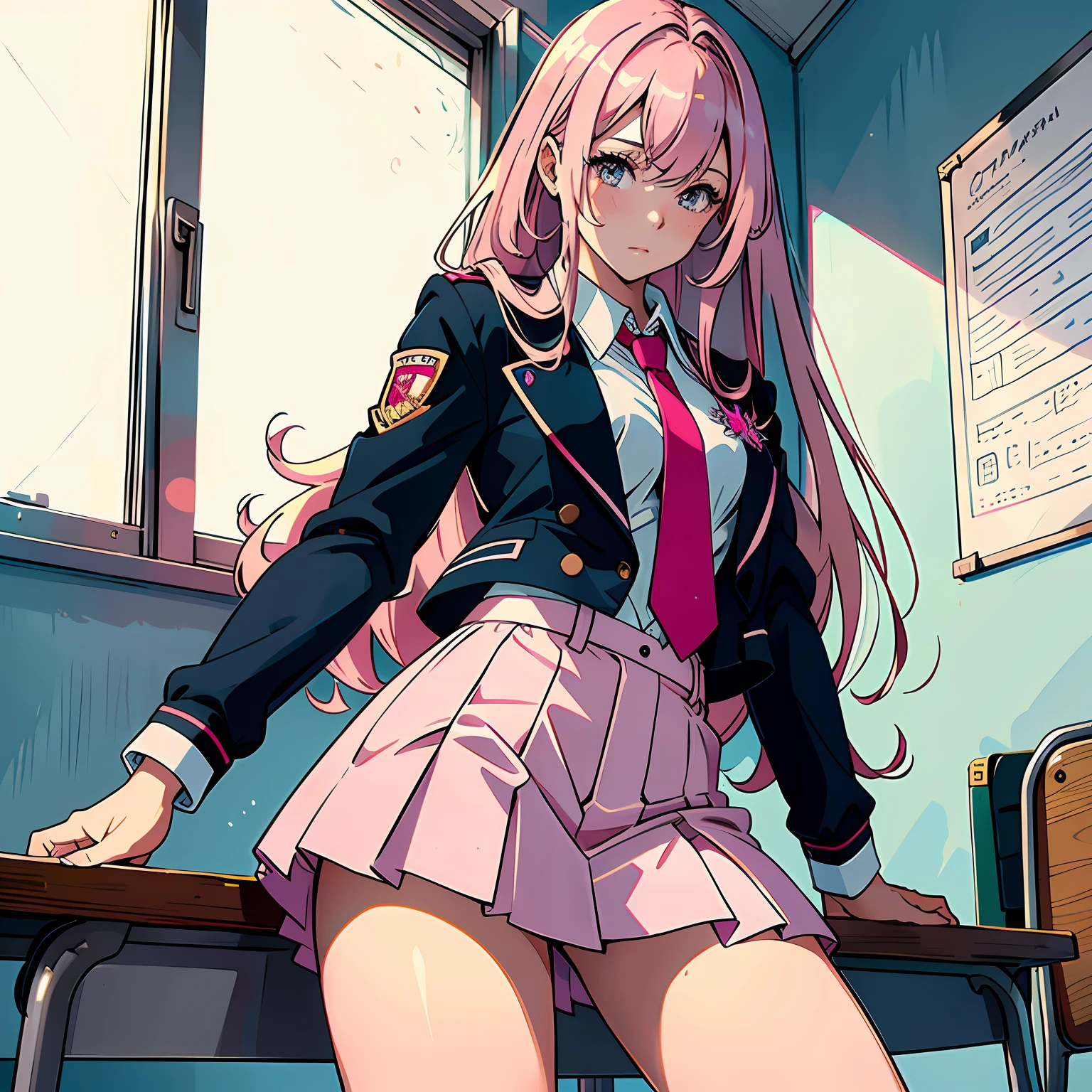 Ultra high resolution, 16k, ((masterpiece)), ((best quality))), ((super detailed)), a girl, long pink hair, high school uniform, in the classroom