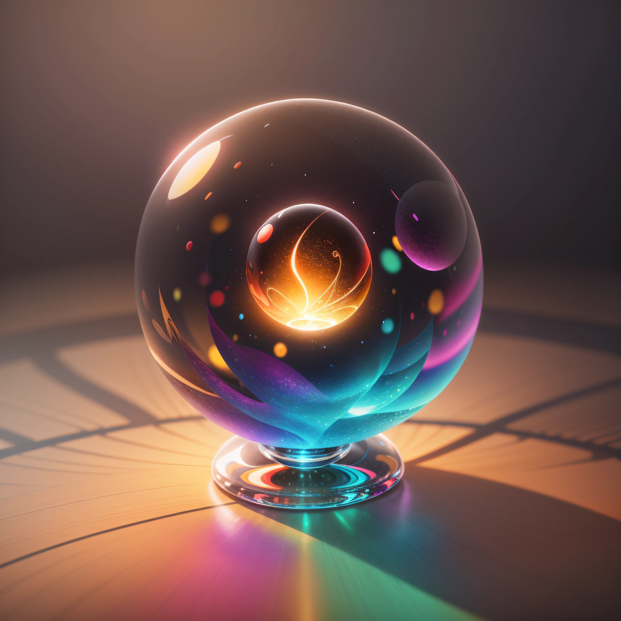 there is a glass ball with a colorful design on it, 8 k 3 d render ray traceing, bokeh volumetric lighting, colorful octane render, rendered in octane render 32k, volumetric lighting iridescence, rendered in octane render, super rendered in octane render, created in octane render, inside glass orb, rendered in octane