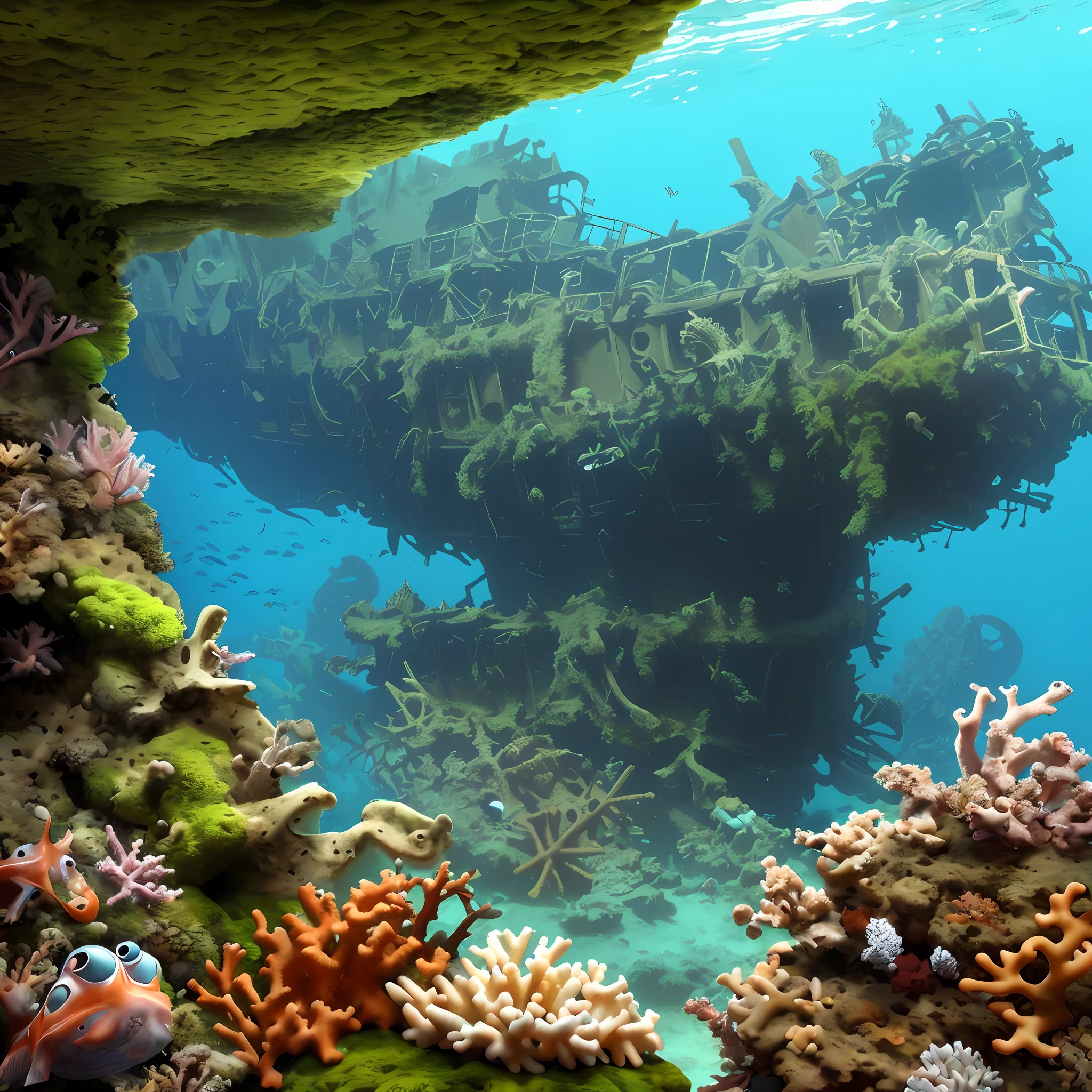 (a shipwreck) under the sea, (coral reefs, moss, undersea life), an octopus, a crab, (sunken treasures)