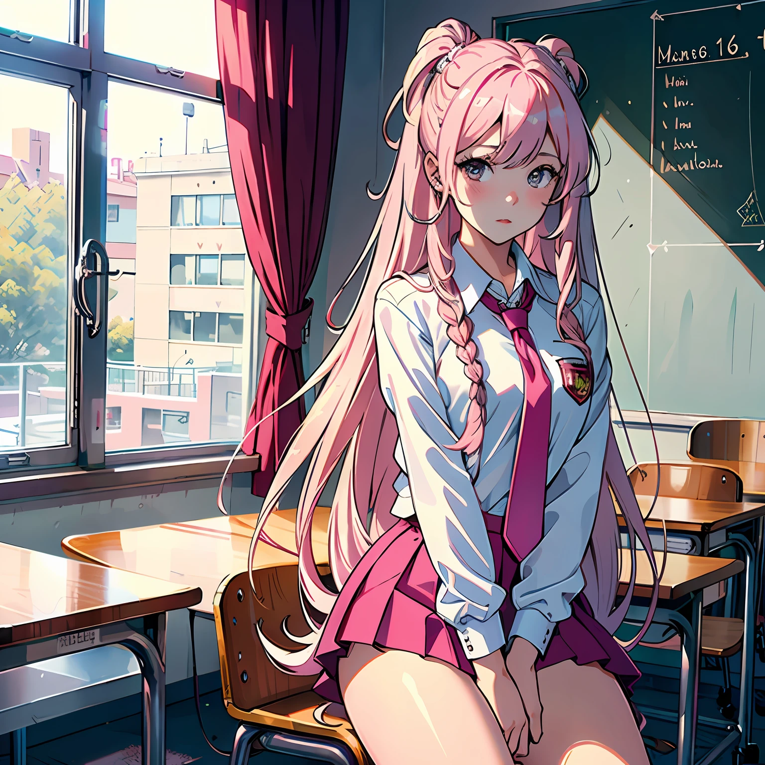 Ultra high resolution, 16k, ((masterpiece)), ((best quality))), ((super detailed)), a girl, long pink hair, high school uniform, in the classroom