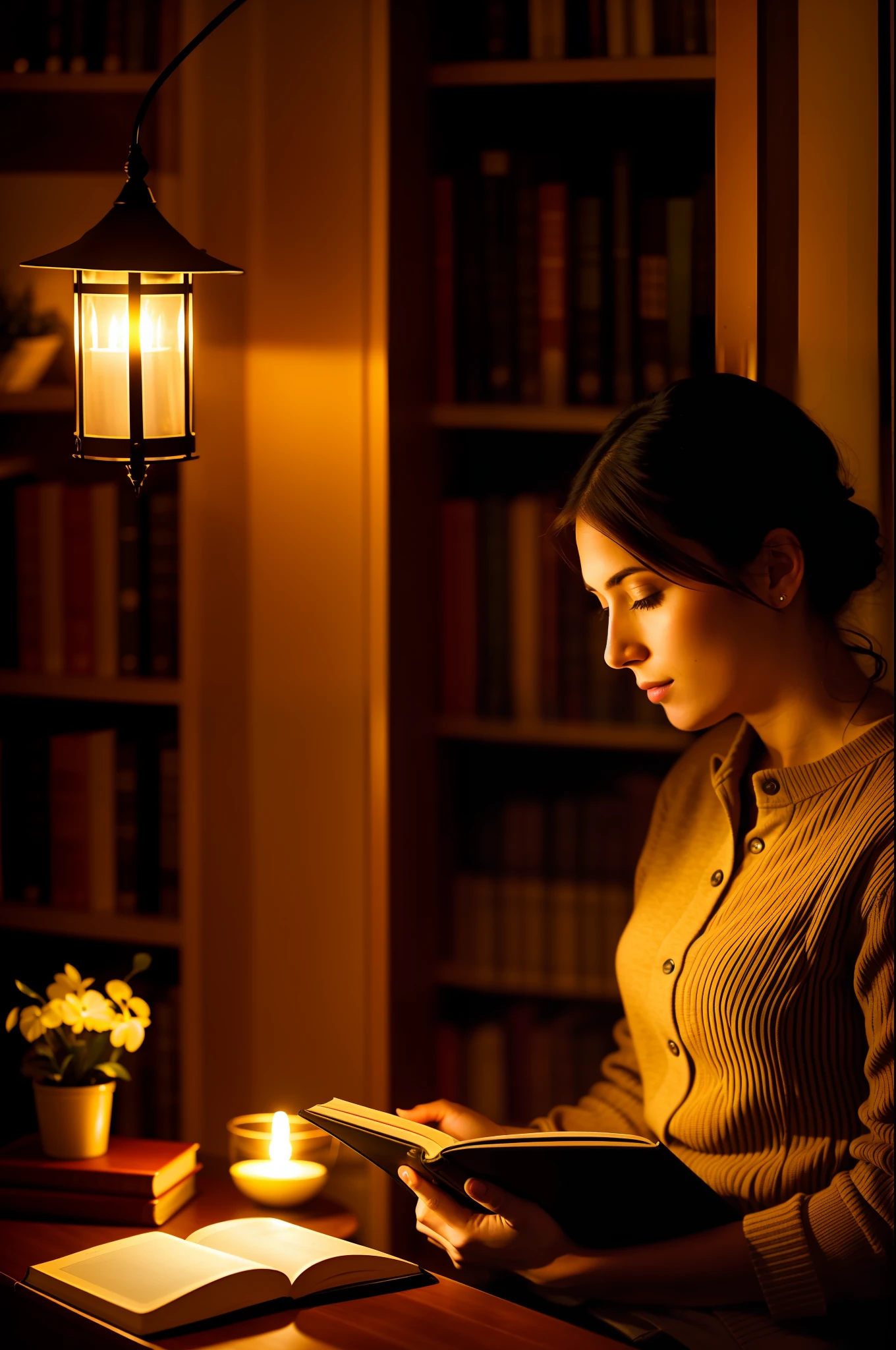 an adult reading an old book, twilight light, warm atmosphere, cultured atmosphere