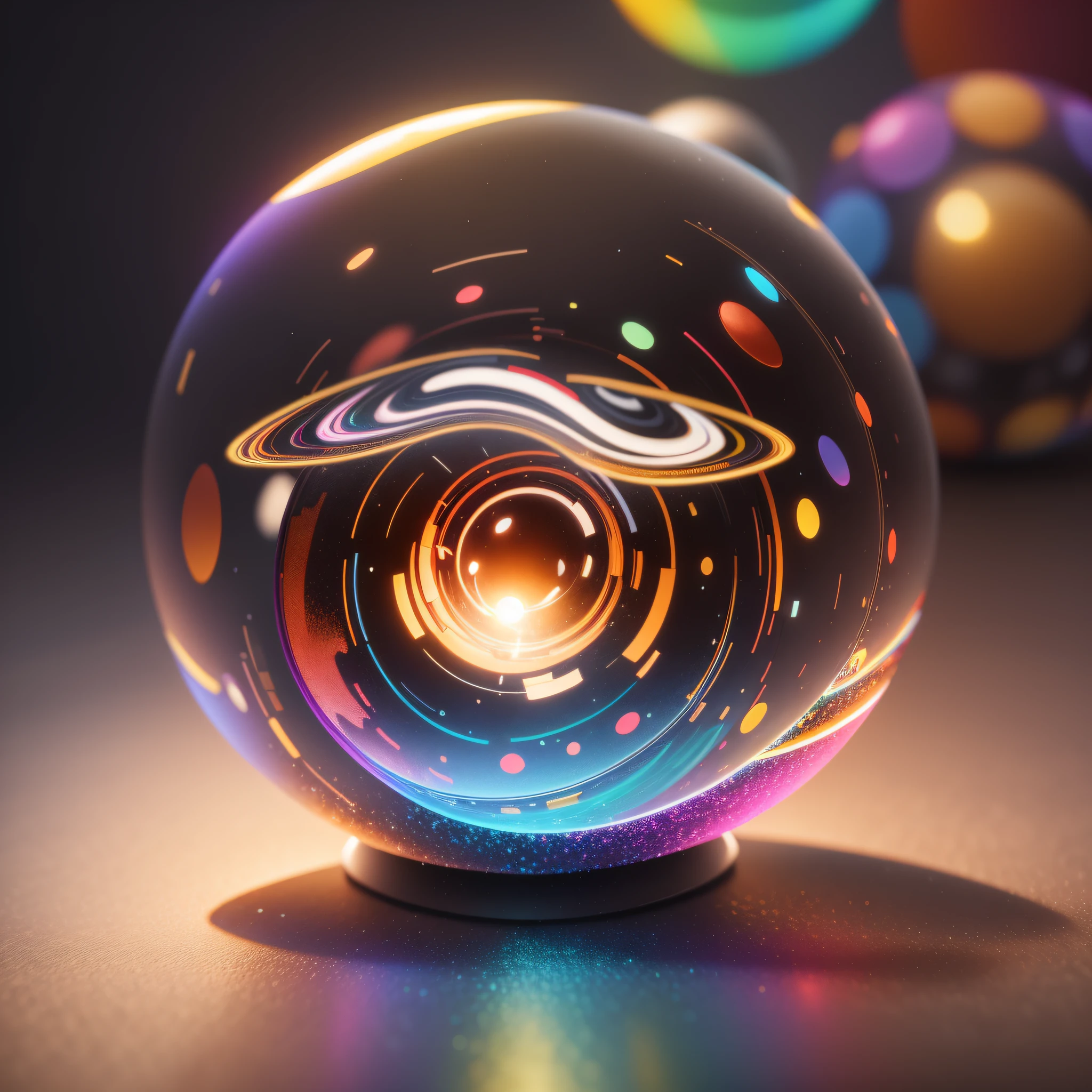 there is a glass ball with a colorful design on it, 8 k 3 d render ray traceing, bokeh volumetric lighting, colorful octane render, rendered in octane render 32k, volumetric lighting iridescence, rendered in octane render, super rendered in octane render, created in octane render, inside glass orb, rendered in octane