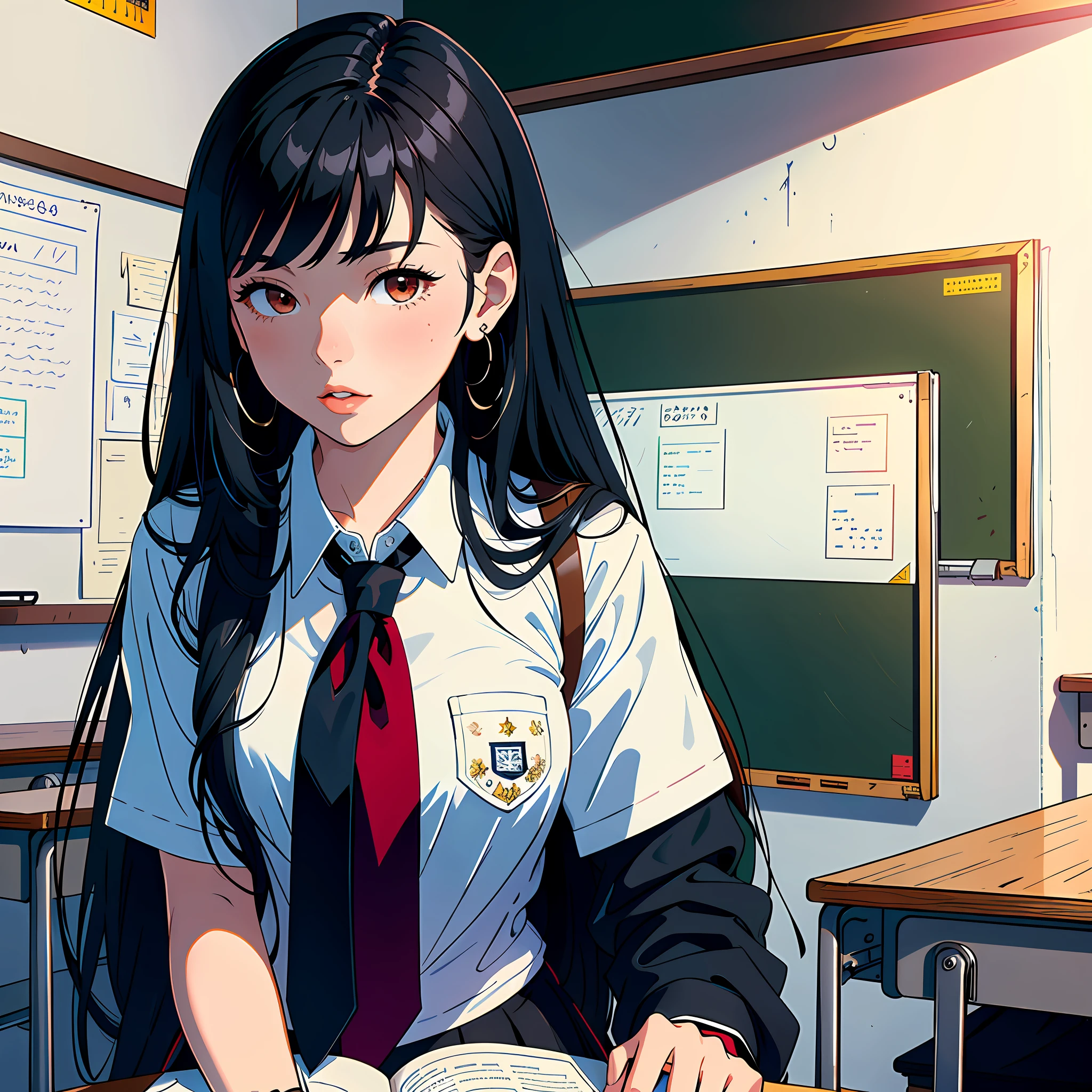 Ultra high resolution, 16k, ((masterpiece)), ((best quality))), ((super detailed)), a girl with long black hair, high school uniform, in a classroom, head on desk