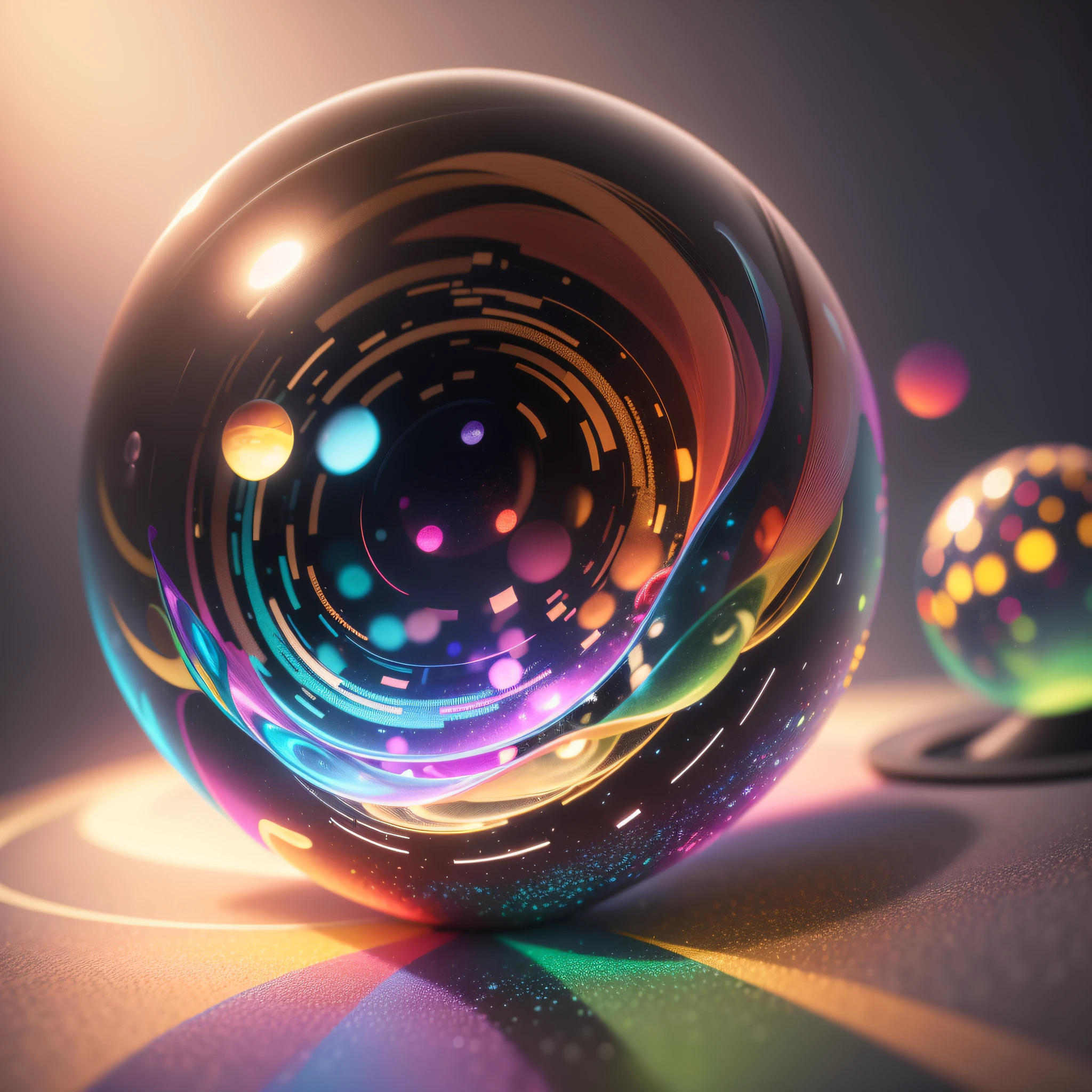 there is a glass ball with a colorful design on it, 8 k 3 d render ray traceing, bokeh volumetric lighting, colorful octane render, rendered in octane render 32k, volumetric lighting iridescence, rendered in octane render, super rendered in octane render, created in octane render, inside glass orb, rendered in octane