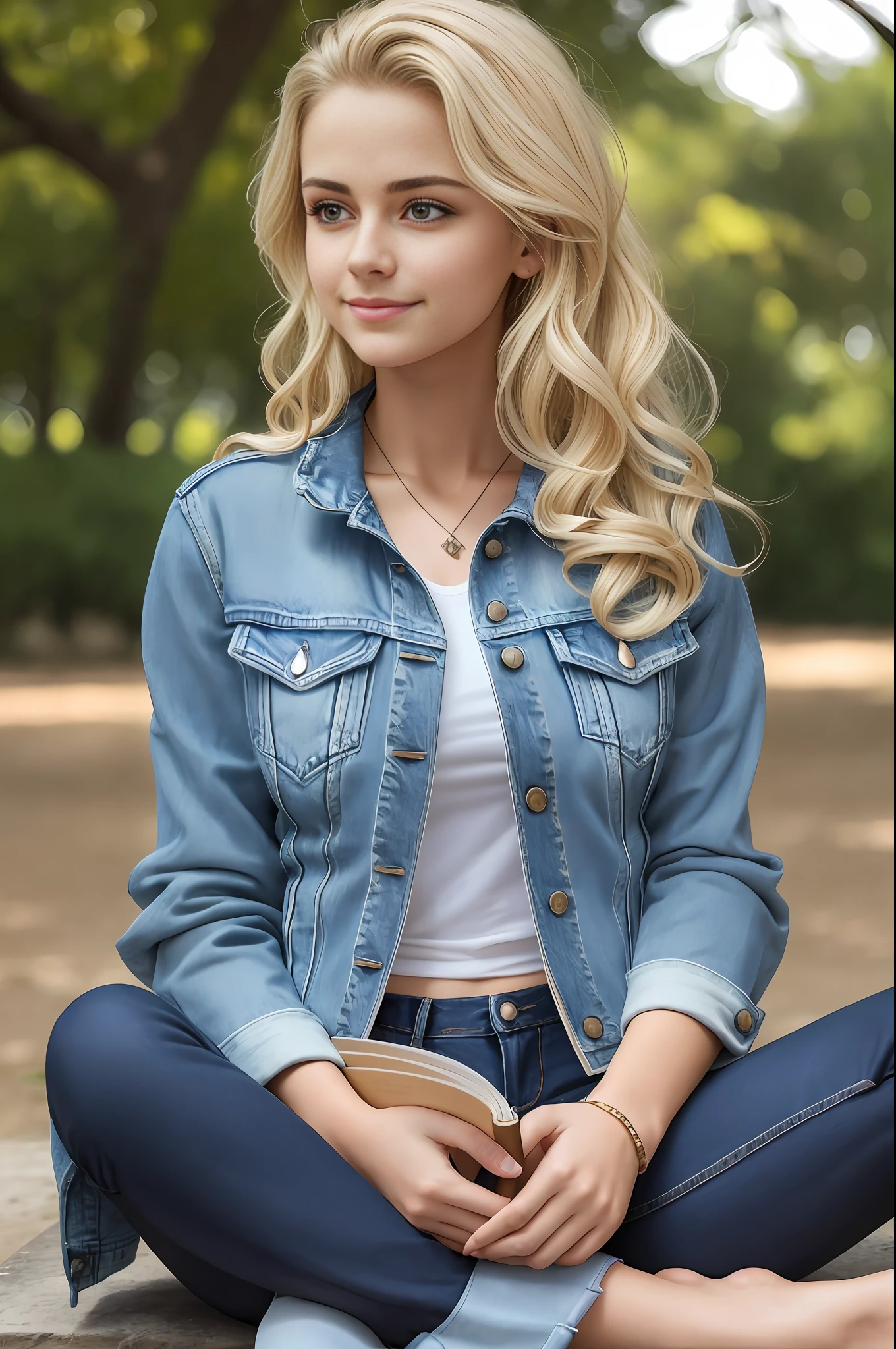 absurdres, RAW photo, highest quality, (masterpiece: 1.3), high detail RAW color photo, professional photo, extremely detailed CG 8k wallpaper unit, photo-realistic, realistic, RAW photo, masterpiece, best quality, highres,
1girl, 19 YEARS OLD, white, blonde hair, wavy, Average length, random hairstyle, beautiful body, thin legs, perfect gorgeous face, beautiful light brown realistic eyes, fair skin, detailed skin texture, very small natural breasts. Smiling. She looks amazing. Sitting cross-legged, reading a book. (Denim jacket, simple design). Ibirapuera Park, São Paulo.