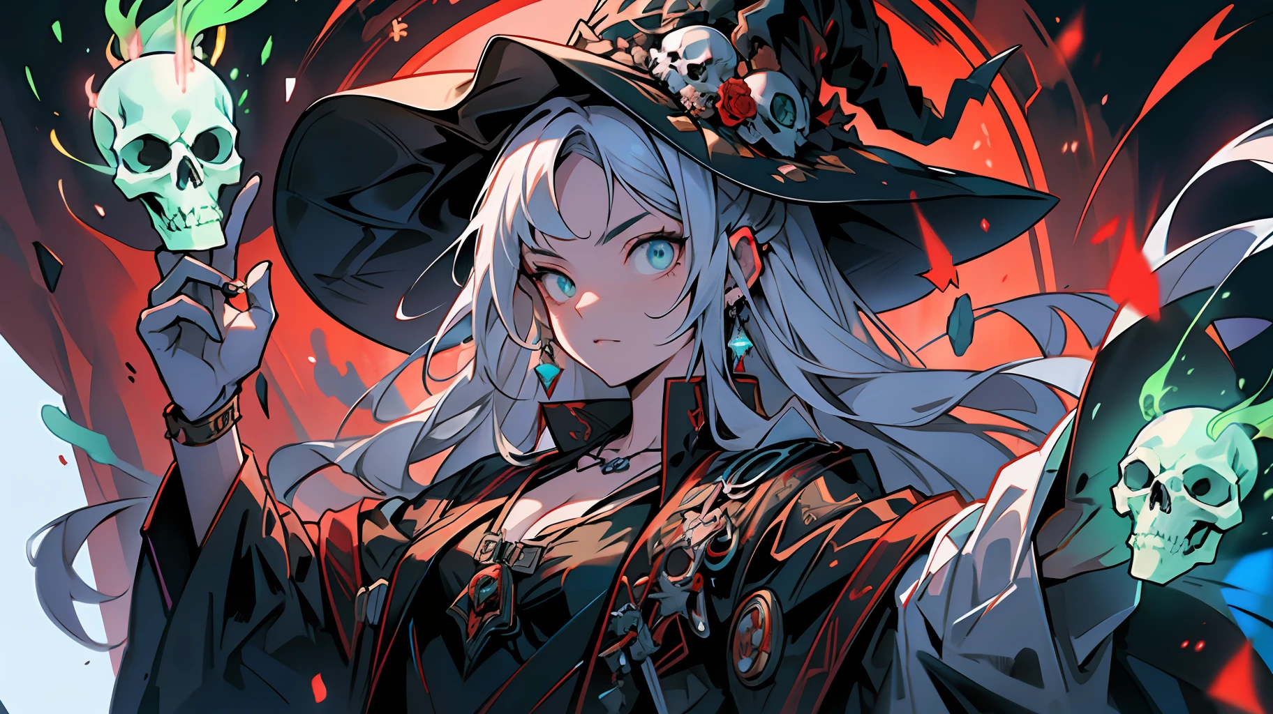 An anime poster featuring a dark magical girl, young and dangerous, white medium-long hair, curly hair hanging down, upper body witch robes, delicate witch hat, skull jewelry and necklace decoration, lean figure, three-dimensional facial features, fierce and fierce eyes, holding a skull with green flame glowing in his hand, body surrounded by blue soul, red background, art of demons, real human skull, manga style art, light red and light black, action painting