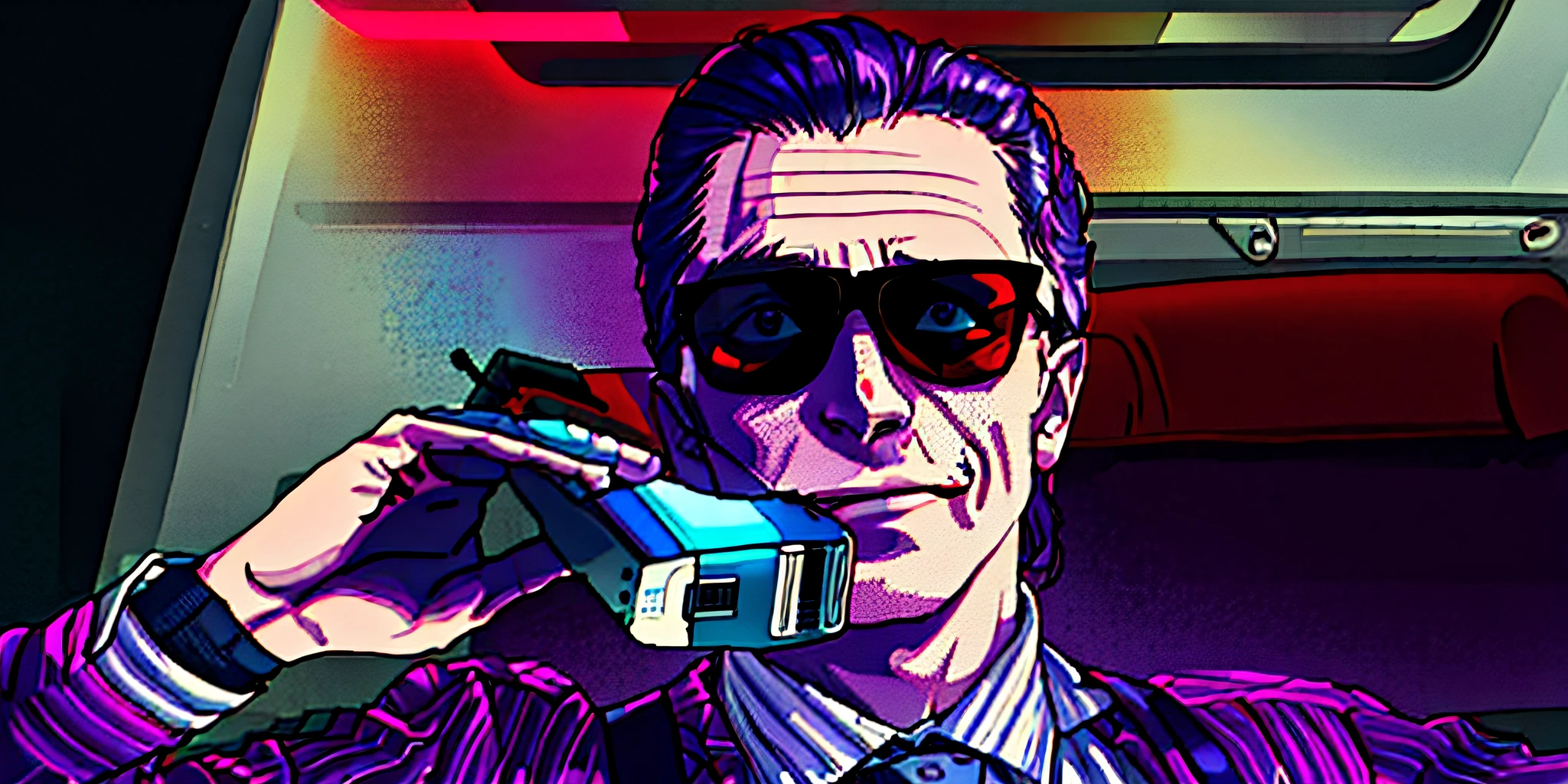 arafed man in suspenders and sunglasses talking on a cell phone, patrick bateman), patrick bateman, in american psycho, american psycho, in american psycho ( 1 9 9 9 ), in american psycho (1999), the joker and patrick bateman, agent cooper, dale cooper, cellphone, 80s total recall tech, steve buscemi with sunglass