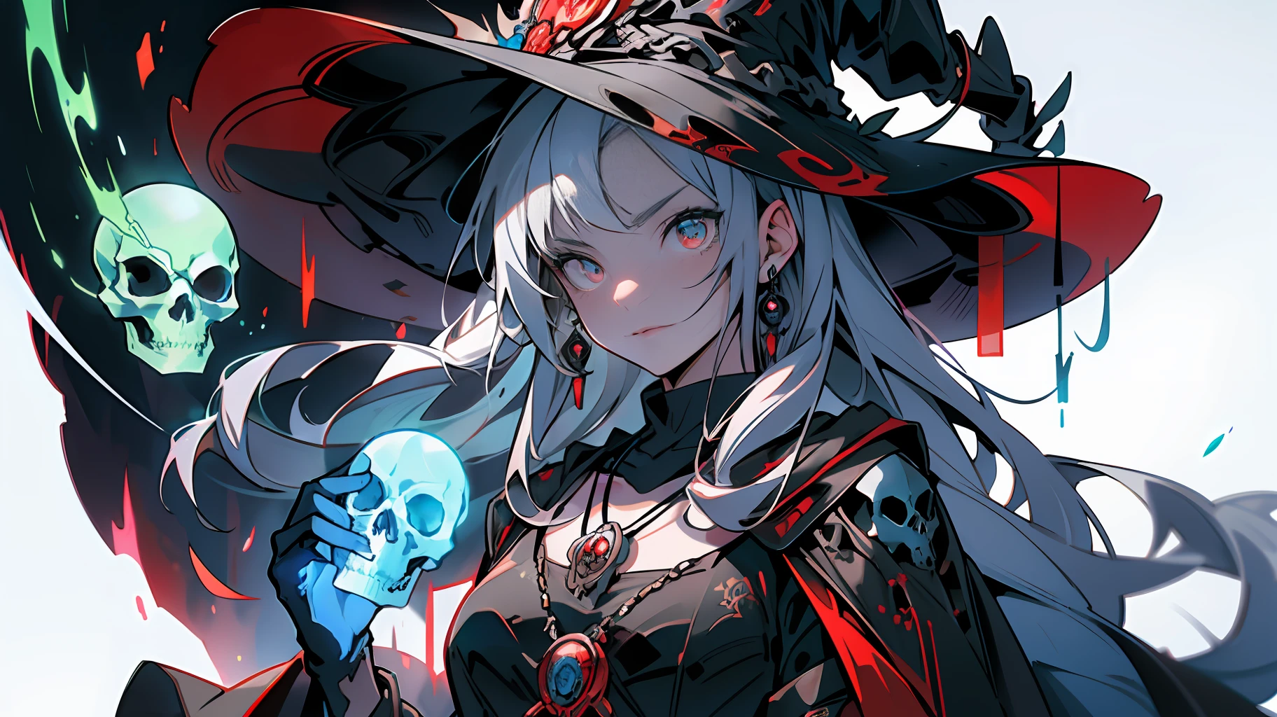 An anime poster featuring a dark magical girl, young and dangerous, white medium long hair, curly hair hanging down, upper body witch robes, delicate witch hat, skull jewelry and necklace decoration, lean figure, three-dimensional facial features, fierce and fierce eyes, holding a skull glowing with green flame in his hand, body surrounded by blue skull soul, flowing special effects, red background, art of demons, real human skull, manga style art, light red and light black, action painting