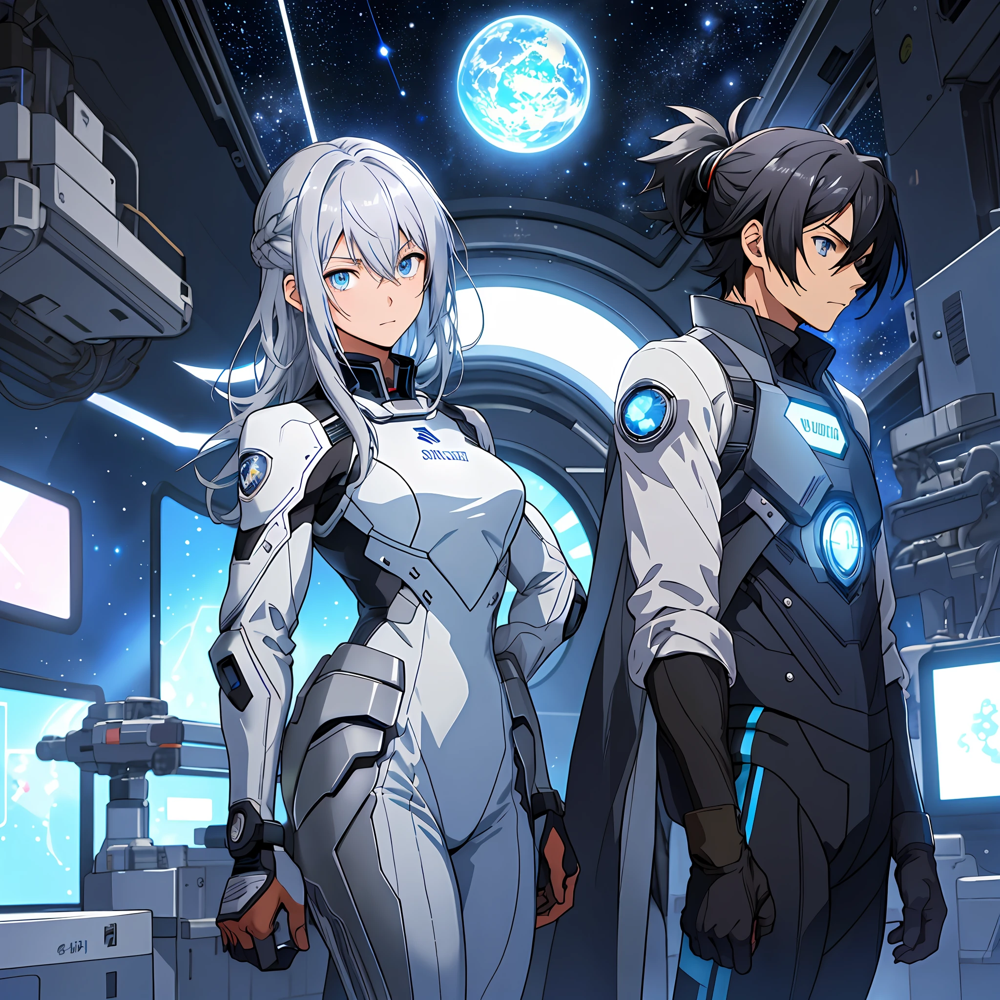 (Best quality: 1.0), (Super High resolution: 1.0), (Anime boy, short black hair, black eyes, silver striped suit), (Anime girl, long silver hair, blue eyes, female professional wear), standing in a space station full of science and technology looking at the audience, the background is the cosmic starry sky, face full of details, delicate hands, reasonable body proportions, master works