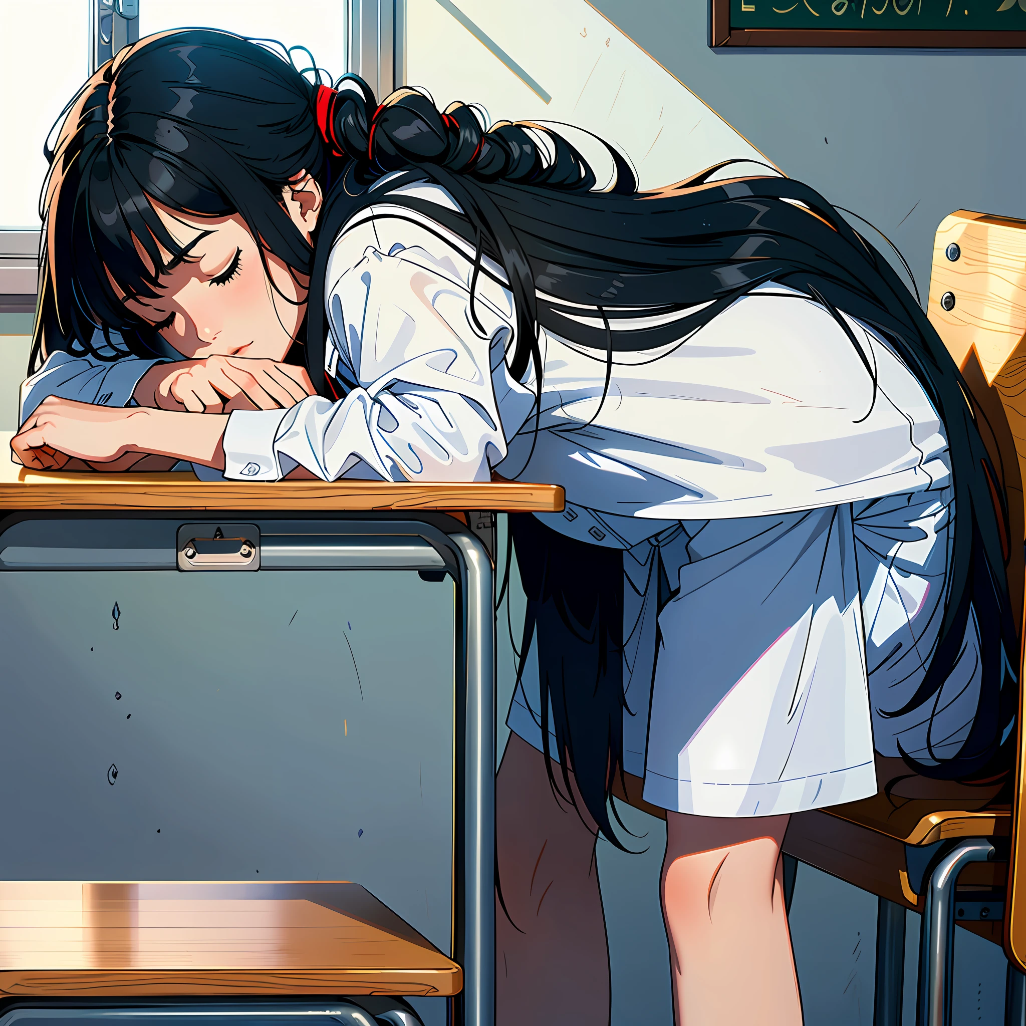 Ultra high resolution, 16k, ((masterpiece)), ((best quality))), ((super detailed)), a girl with long black hair, high school uniform, sleeping on a desk, in a classroom