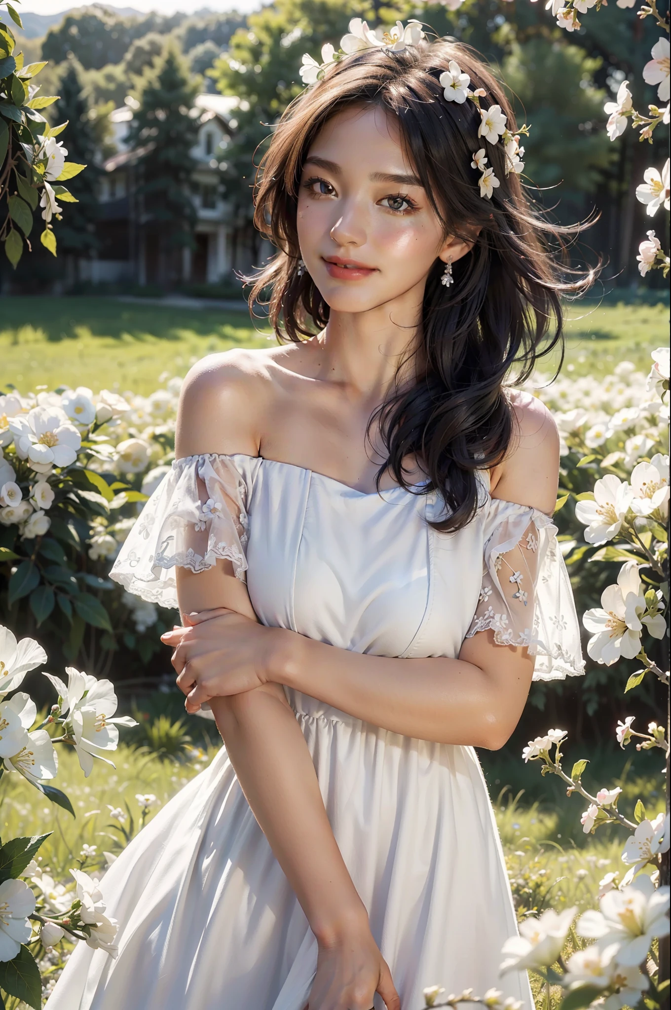 Best quality, masterpiece, ultra high res, (photorealistic:1.4), raw photo, 1girl, white dress, off shoulder, blossom flower field, glowing skin, light smile