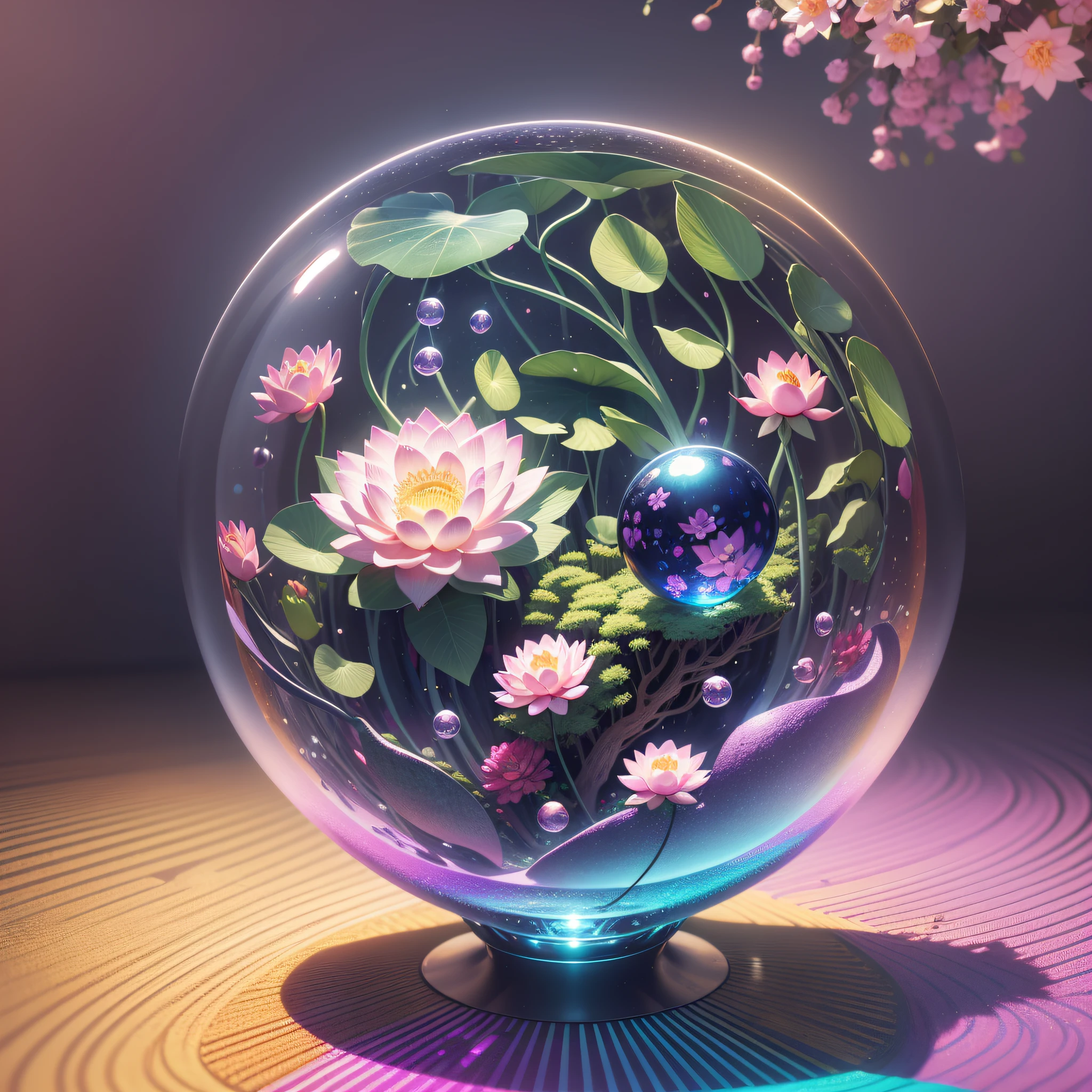 There is a glass ball with colorful design inside it, with lotus flowers and leaves, 8K 3D ray tracing rendering, bokeh volumetric lighting, colorful octane rendering, 32k octane rendering, volumetric lighting iridescence, rendered in octane rendering, super rendering in octane rendering, created in octane rendering, inside glass ball, rendered in octane rating
