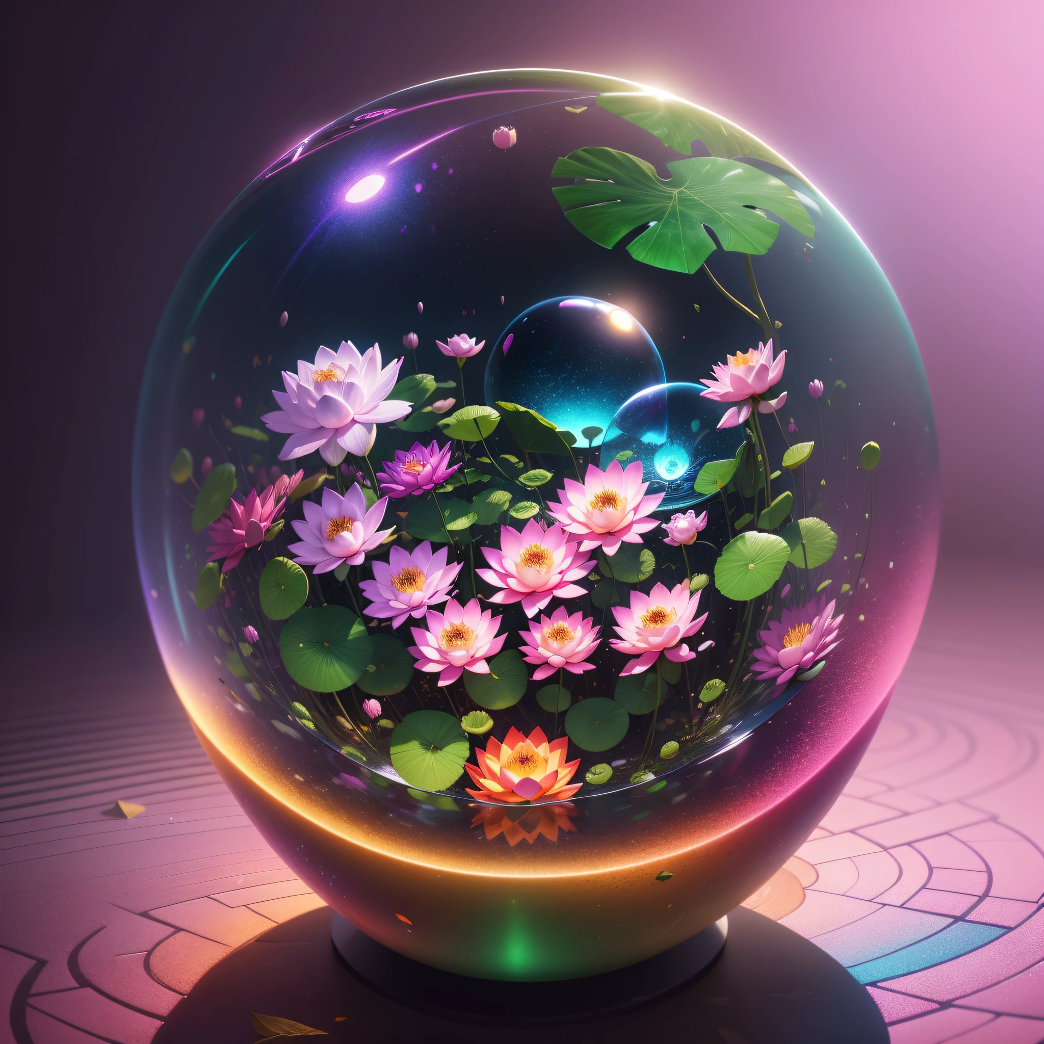 There is a glass ball with colorful design inside it, with lotus flowers and leaves, 8K 3D ray tracing rendering, bokeh volumetric lighting, colorful octane rendering, 32k octane rendering, volumetric lighting iridescence, rendered in octane rendering, super rendering in octane rendering, created in octane rendering, inside glass ball, rendered in octane rating