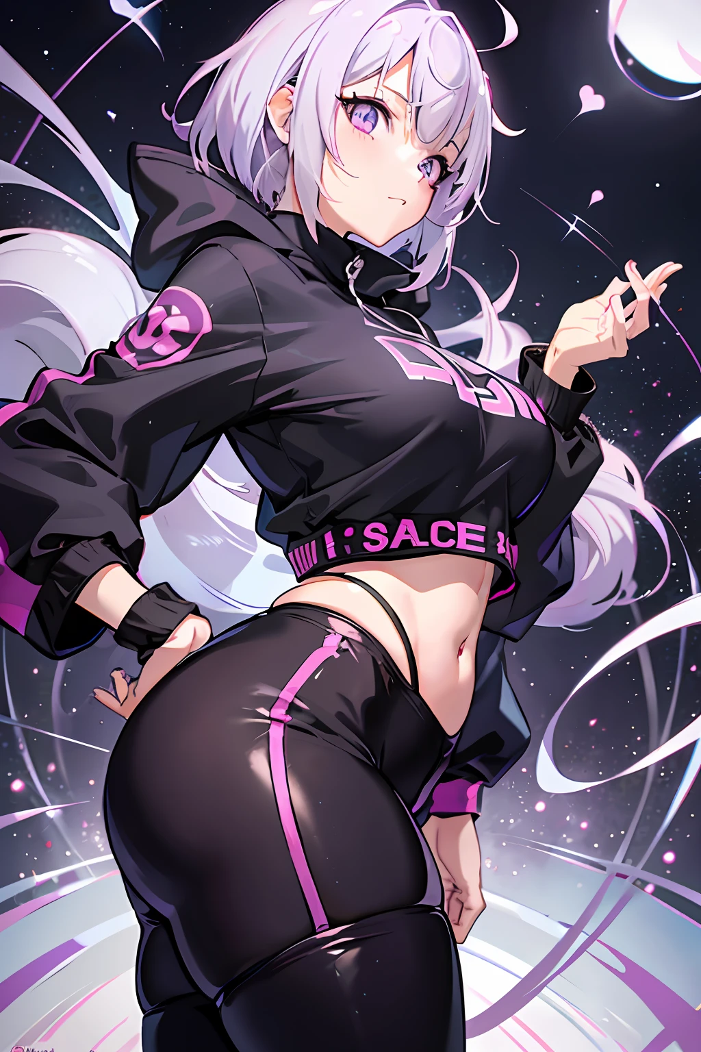 Anime girl with big ass in a pink sweatshirt and tight black pants, short white hair and with light purple lights, cute face, slightly happy and confused expression, big purple eyes, twinkle in the eyes, small curvy Loli, Oppai, Thicc, curving, insanely inflated hips, SFW, anime girl is leaning over, beautiful anime girl, white background, no background details