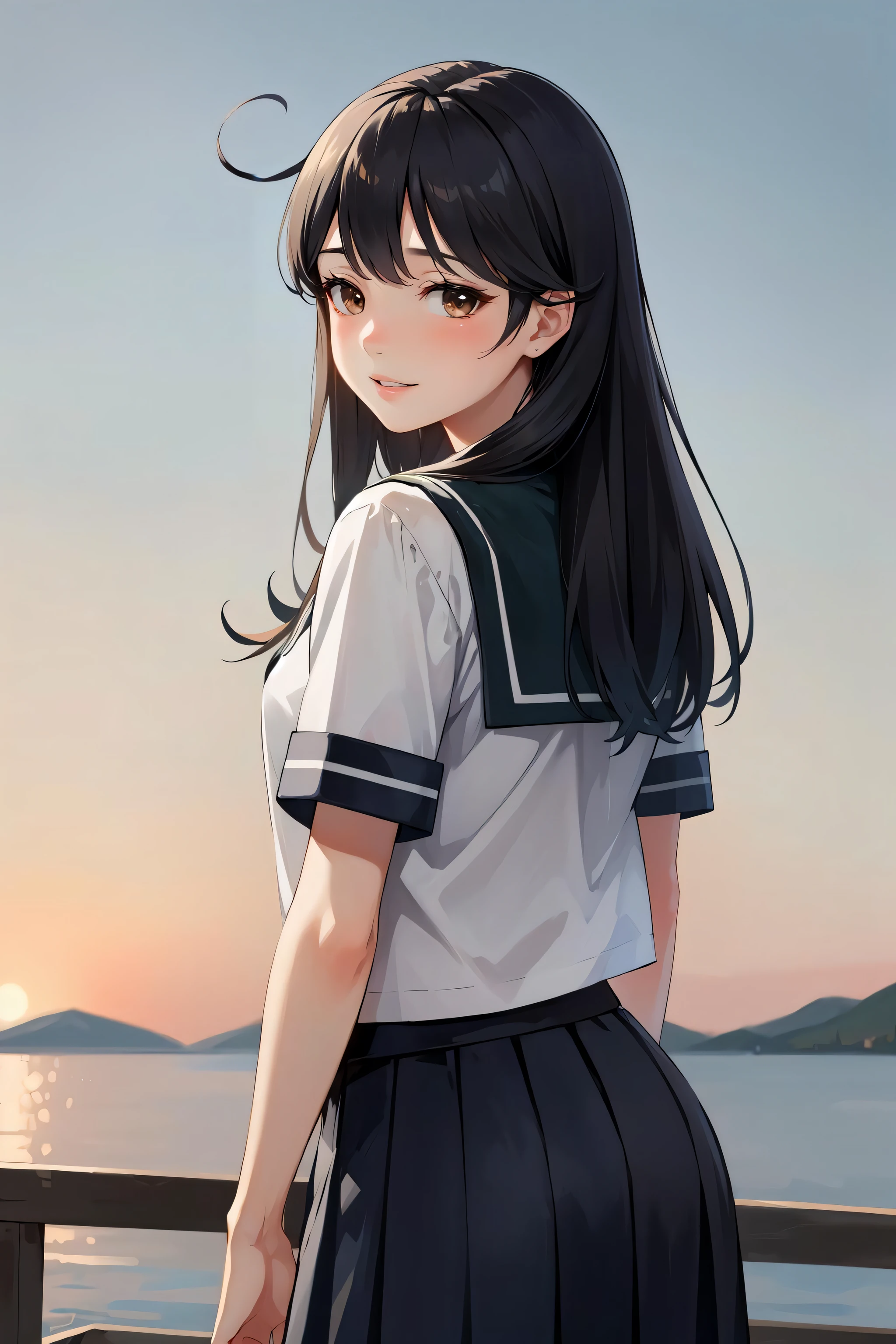 (masterpiece, best quality, extremely detailed, absurdres, absolutely resolution, 4K, 8K, realistic:1.2) 1girl, solo, ushio, black hair, long hair, ahoge, brown eyes, school uniform, serafuku, short sleeves, pleated skirt, smile, parted lips, from behind, looking back, blush, standing, cinematic lighting,