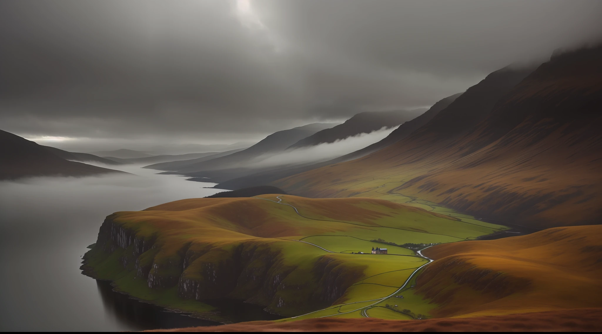 (masterpiece, high quality), image of the highlands, Scotland, dense fog, torrential rain, extremely rich texture and detail, multiple layers, oil painting, wide close-up photo, strong atmosphere, hint of mysteriousness.