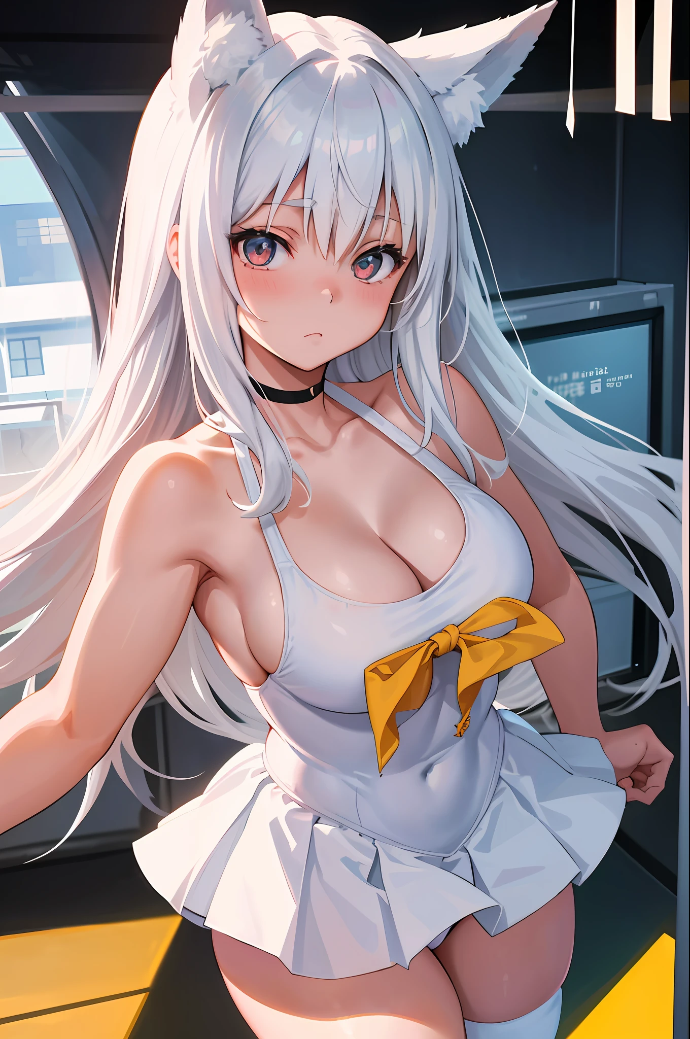 1girl, (white one-piece swimsuit:1.2), slingshot swimsuit, large breasts, cowboy shot, white background, cleavage, standing, long hair, bare shoulders, bare arms, fox ears, white hair, anime girl in school uniform posing for a picture in a room, a hyperrealistic schoolgirl, hyperrealistic schoolgirl, realistic schoolgirl, realistic anime 3 d style, cute schoolgirl, school girl, thighhighs and skirt, wearing skirt and high socks, 3 d anime realistic, beautiful anime high school girl, photorealistic anime girl render, in clothes! highly detailed