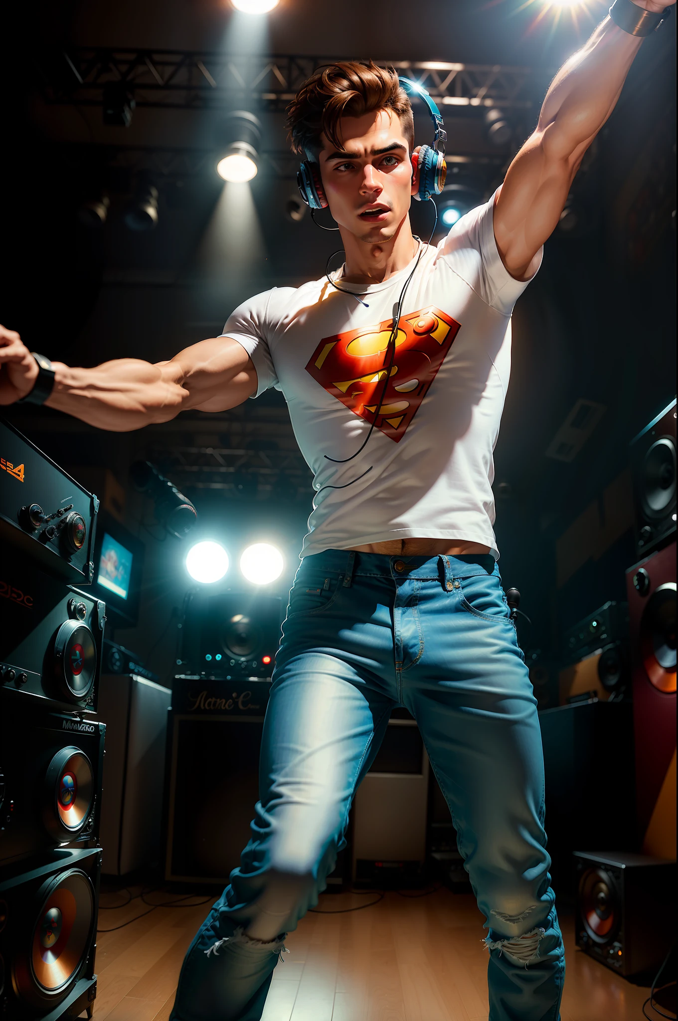 ((best quality)), ((super detail)), ((masterpiece)), photo, scene: radio studio equipped, theme: character: young man, appearance: DJ with headphones and microphone, action: dance, facial expression: expressive , contains vinyl records, white t-shirt, blue jeans, white sneakers, perspective: 4K.