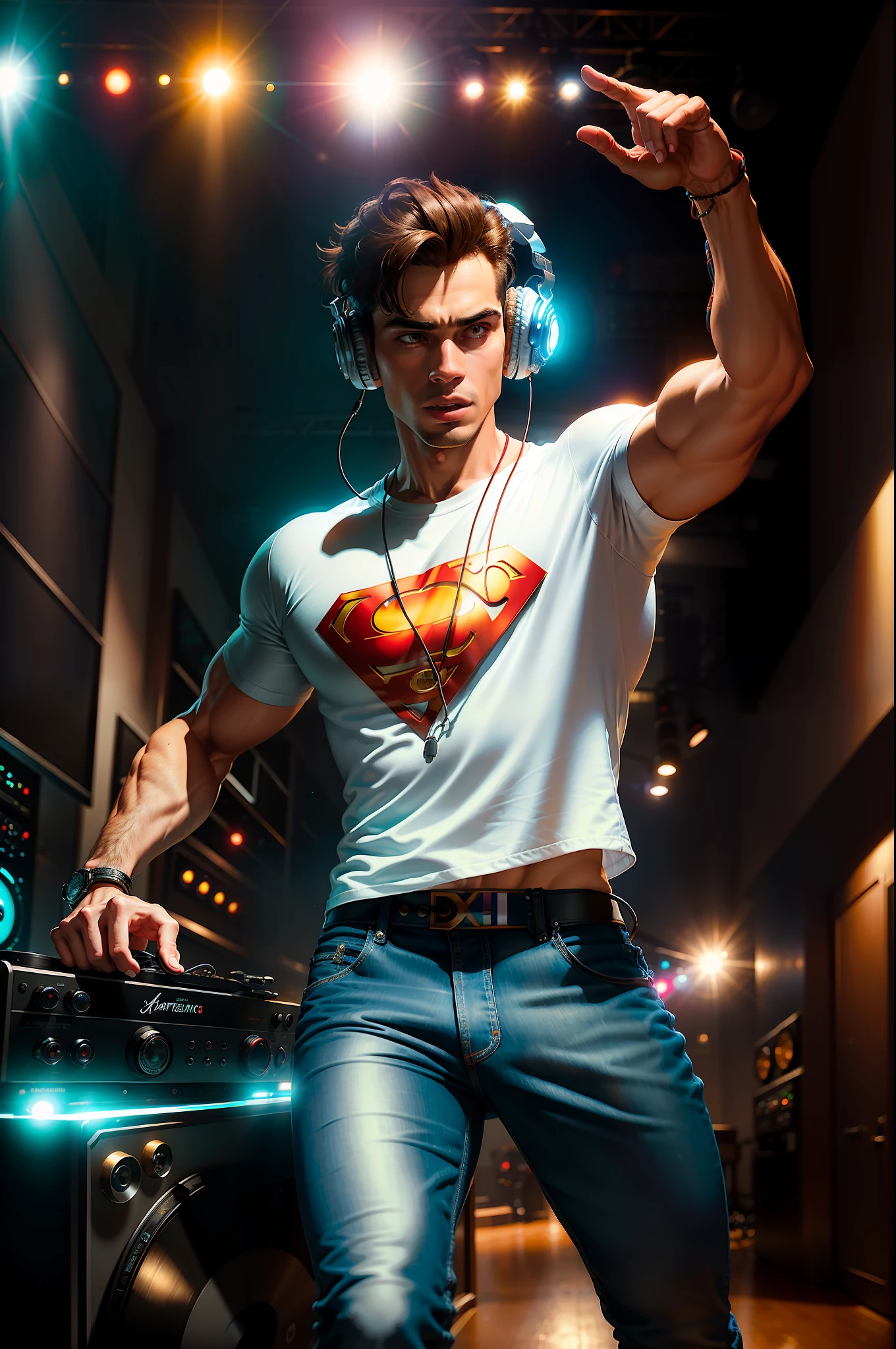 ((best quality)), ((super detail)), ((masterpiece)), photo, scene: radio studio equipped, theme: character: young man, appearance: DJ with headphones and microphone, action: dance, facial expression: expressive , contains vinyl records, white t-shirt, blue jeans, white sneakers, perspective: 4K.