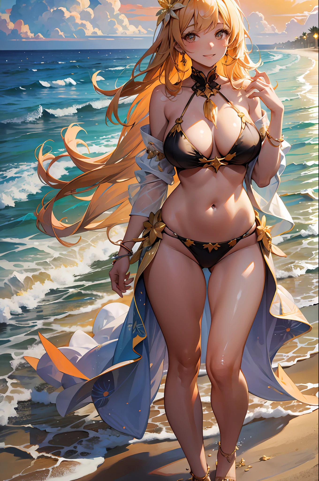 stunning beauty girl standing on the beach, the soft sand beneath her feet, the sparkling waves gently lapping at her ankles. Her long golden hair dances in the breeze, radiant face with a natural glow, The sun sets behind her, casting a warm orange hue across the sky and highlighting her flawless complexion. Her eyes twinkle with joy as she takes in the breathtaking view, radiating an effortless beauty