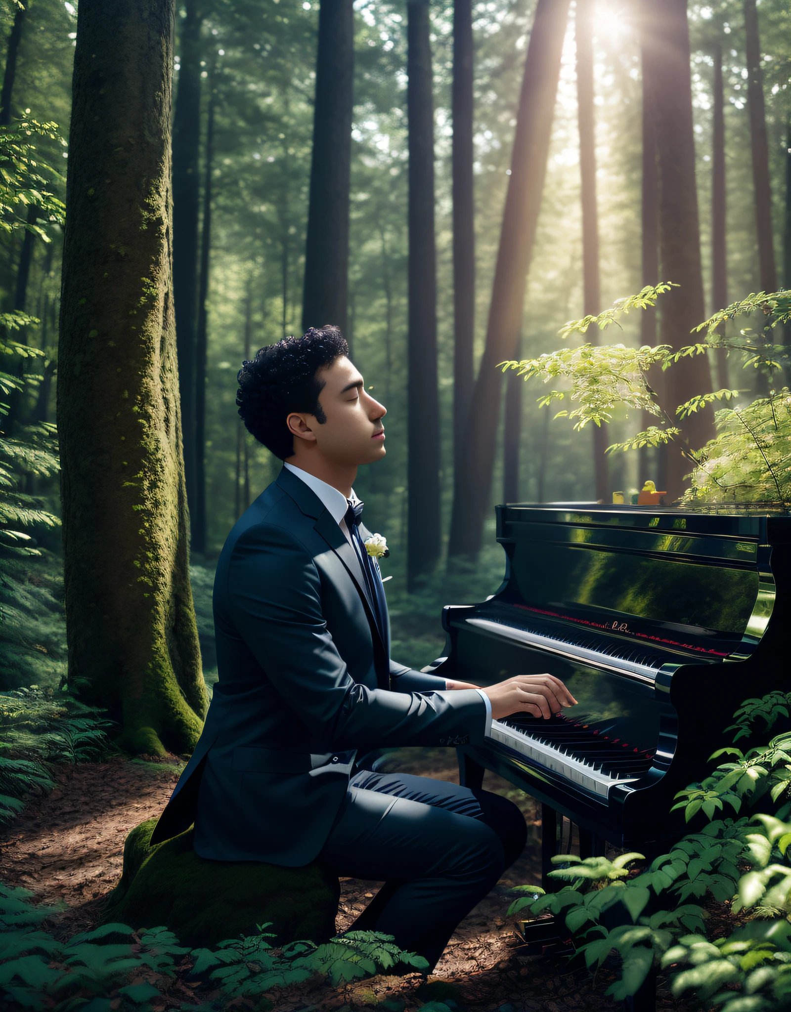 arafed man in a suit playing a piano in the woods, attractive man playing piano, attractive male playing piano, energetic jazz piano portrait, amidst nature, pianist, musician, in harmony with nature, portrait shot, in serene forest setting, high quality portrait, playing piano, album art, piano in the background, edited, inspired by Michael James Smith, in beautiful woods