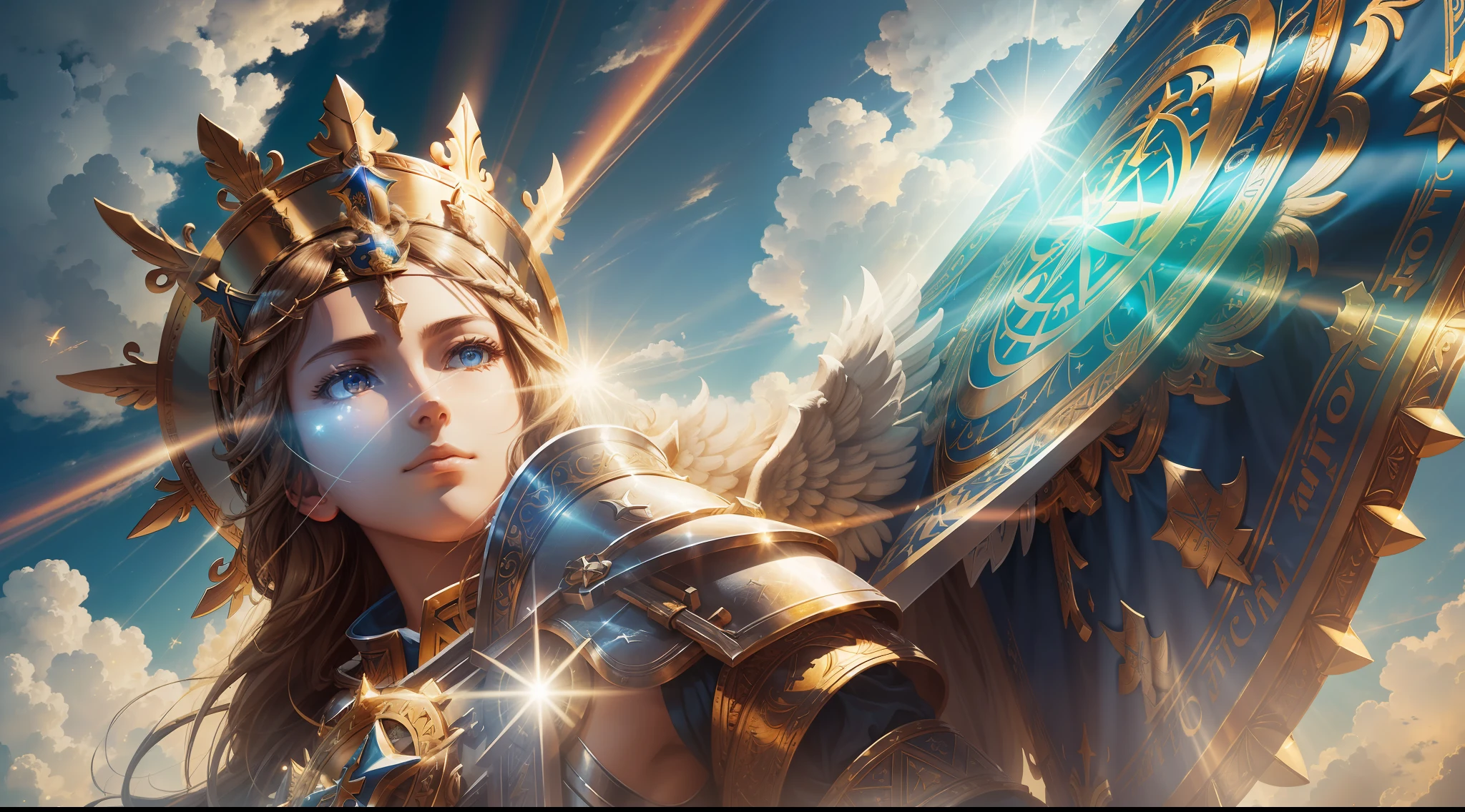 The image depicts a celestial scene, with a blue sky and white clouds. A bright armor, which reflects sunlight, is highlighted in the center. It stands on a stone with the inscription "Armor of the Christian." Each piece of armor has a symbol of the Christian faith:, The belt with a cross represents truth., The shield with a lion represents justice., The sandals with wings represent peace., The round shield with a star represents faith., The helmet with a crown represents salvation., The sword with a flame represents the Spirit.,  Angels fly and blow trumpets around the armor, celebrating the Christian's victory over evil., light brown hair, Surrealism, Realism, high detail, ray tracing, drop shadow, god rays, three sided view, vanishing point, perspective, lens flare, Sony FE GM, 35mm, 135mm, f/1.2, from below, 8k, best quality, award winning, high quality, high details --auto --s2