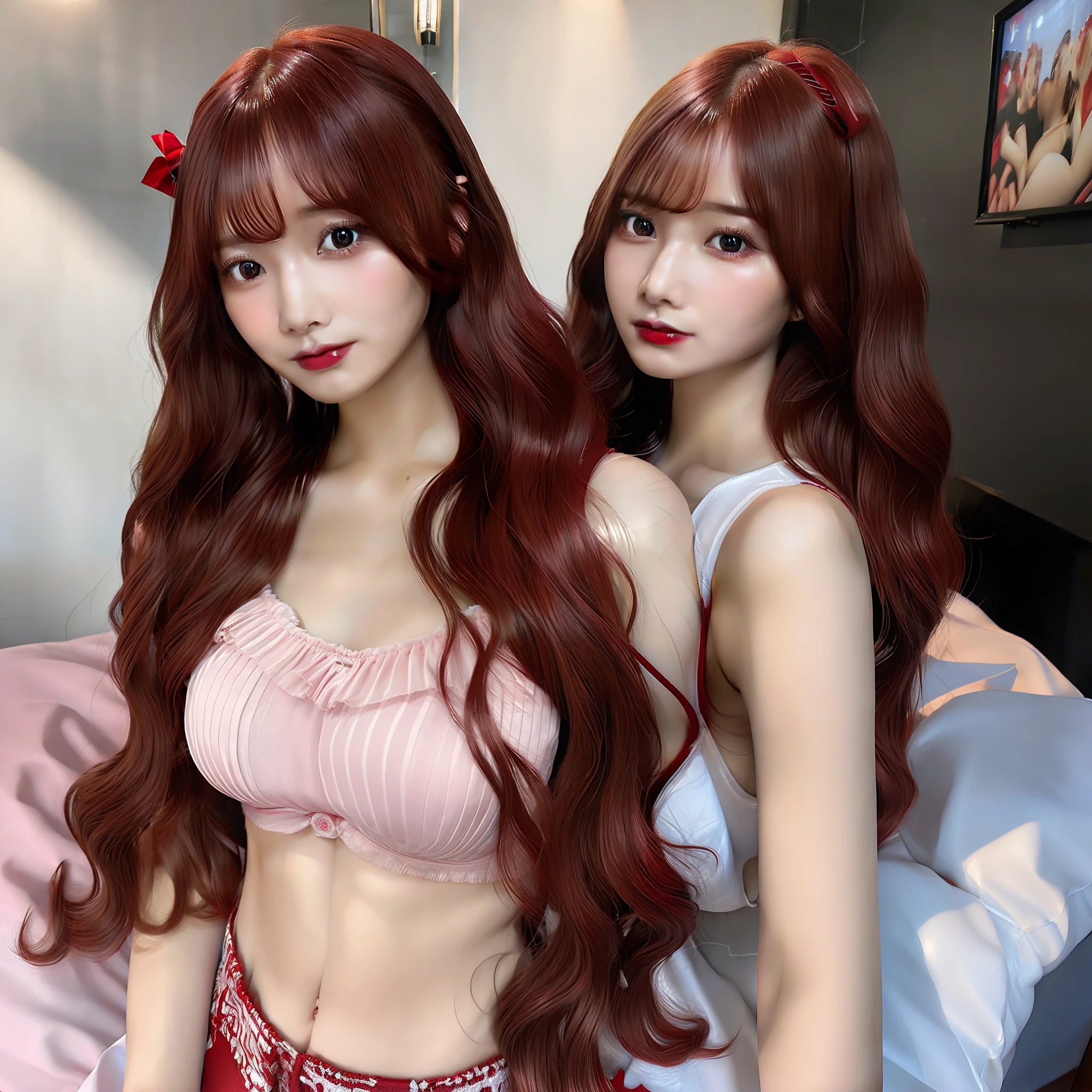 (Superior Quality, 8k, 32k, Masterpiece, UHD: 1.3), (Attractive Female Photos), A Girl, (Super Big: 1.2), (Red Wavy Hair), Abs, Perfect Body, Ultra Detailed Face, Detailed Lips, Thin Eyes, Double Eyelids, Bathing Suit, Lying in Bed, (Seductive), ((Exciting: 1.5)), ((Areola Slip)), Detailed Breasts, Underwear Dig Breast, Ultra Identical Sexy With A Real Person