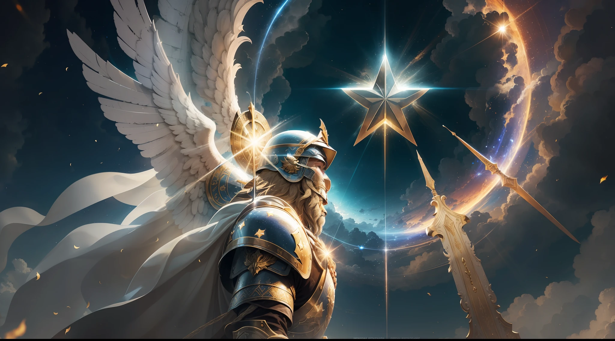 The image depicts a celestial scene, with a blue sky and white clouds. A bright armor, which reflects sunlight, is highlighted in the center. It stands on a stone with the inscription "Armor of the Christian." Each piece of armor has a symbol of the Christian faith:, The belt with a cross represents truth., The shield with a lion represents justice., The sandals with wings represent peace., The round shield with a star represents faith., The helmet with a crown represents salvation., The sword with a flame represents the Spirit., Angels fly and blow trumpets around the armor, celebrating the Christian's victory over evil., light brown hair, Surrealism, Realism, high detail, ray tracing, drop shadow, god rays, three sided view, vanishing point, perspective, lens flare, Sony FE GM, 35mm, 135mm, f/1.2, from below, 8k, best quality, award winning, high quality, high details --auto --s2