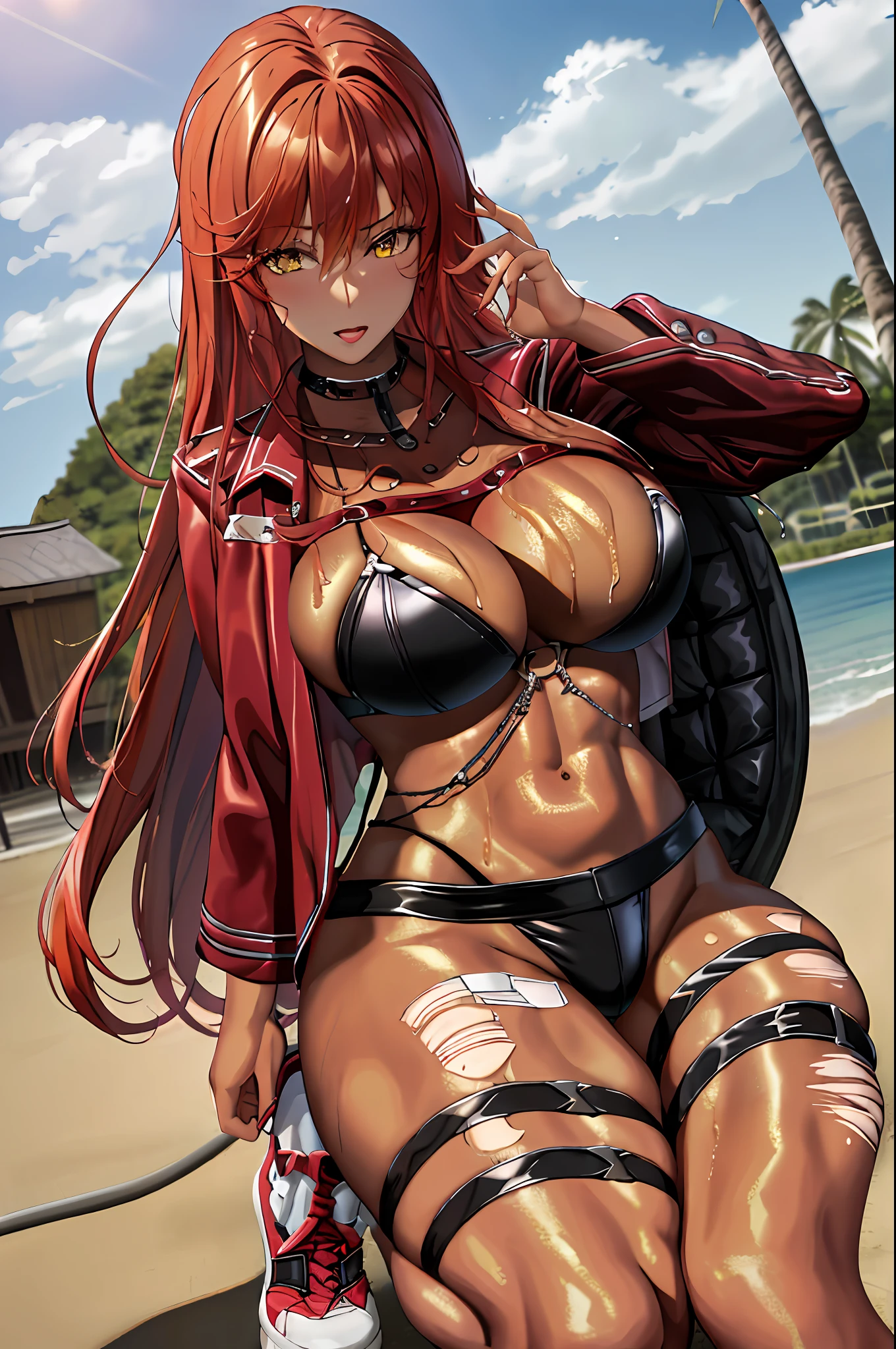 ((masterpiece)), (best quality), (detailed), (1 girl), red hair, lonh hair, sunglasses on head, big breasts, red jacket, ripped bodystocking, black chocker, black bra, chest chains, yellow eyes, black strings, white socks, red shoes, beach, (wet body)