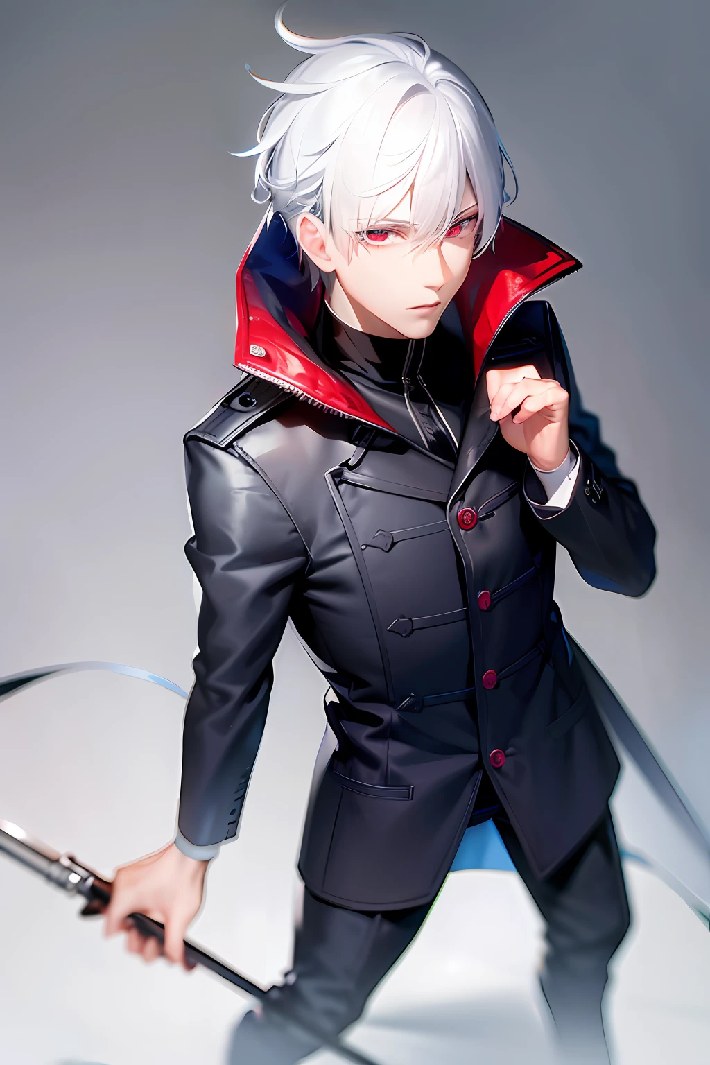Man with white hair, blue and red eyes wearing a black overcoat