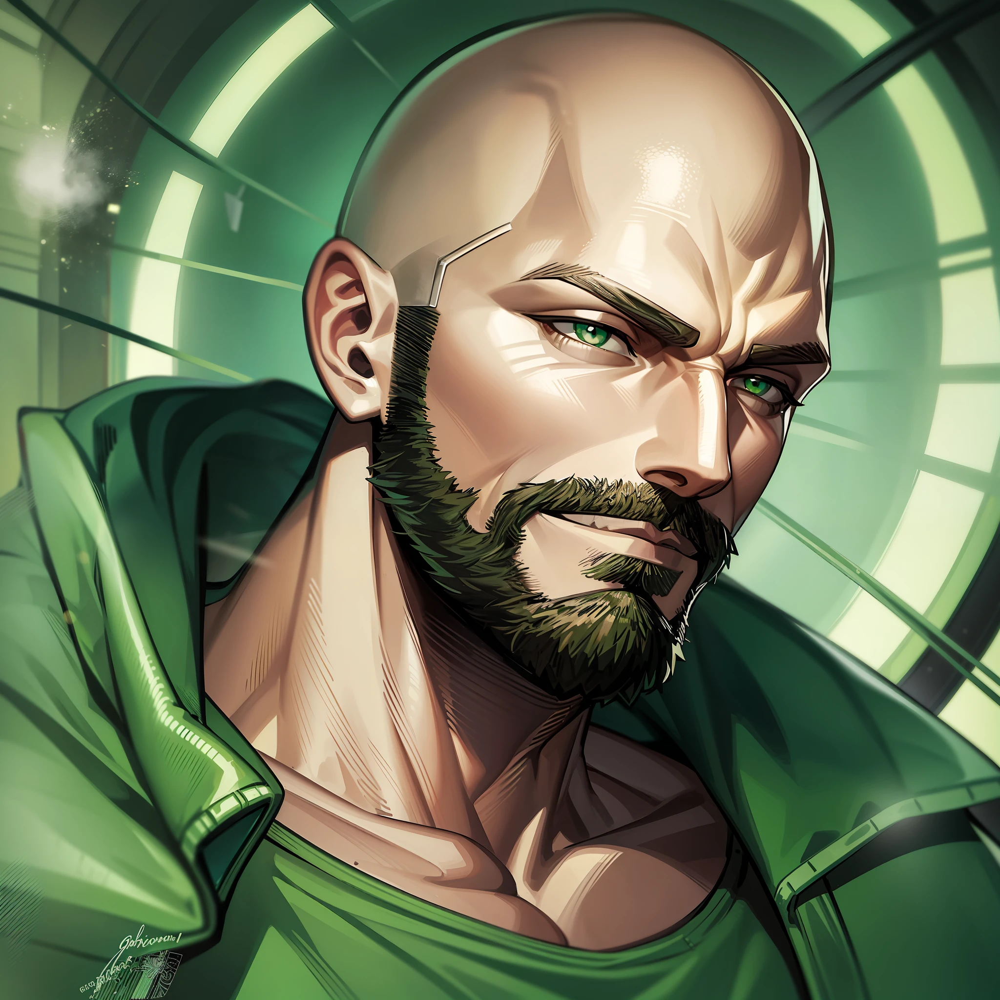 Green eyes, bald, muscular, cyborg, man, stubble beard, green trench coat, green t-shirt, in a spaceship, cowboy shot, masterpiece