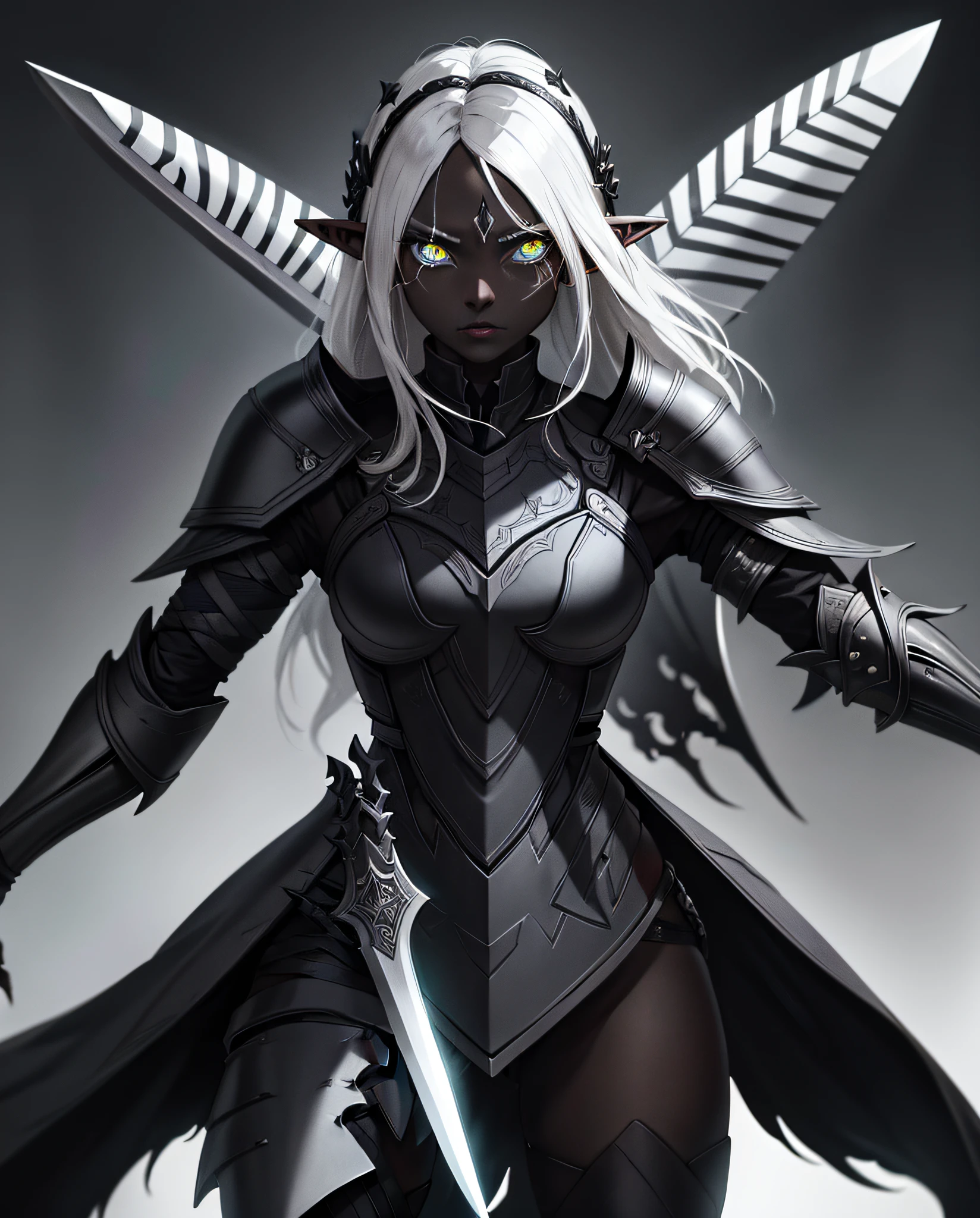 Elf, jet black skin, glowing eyes, ebony black armor with jagged line patterns, bone knife, masterpiece, Best Quality