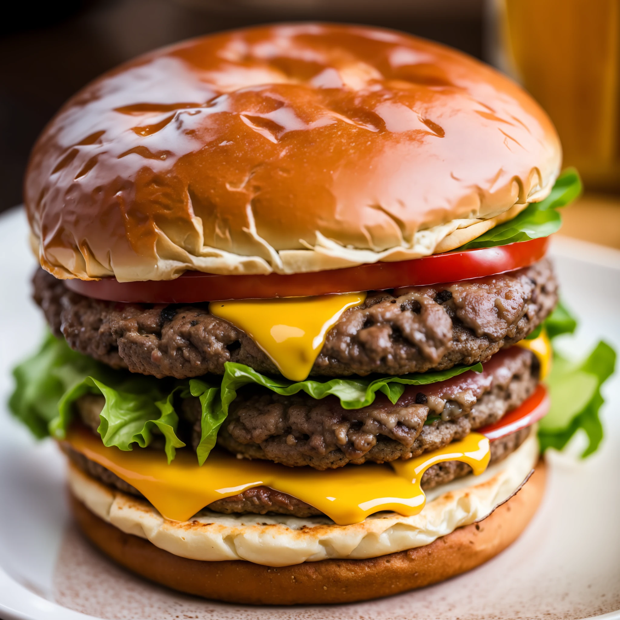 a closeup of a burger with meat and cheese on a bun, juicy burger, smoked layers, cheeseburger, burger on a plate, professional food photography, up-close food photography, high quality food photography, hamburger, monster burger, deathburger, 4K food photography