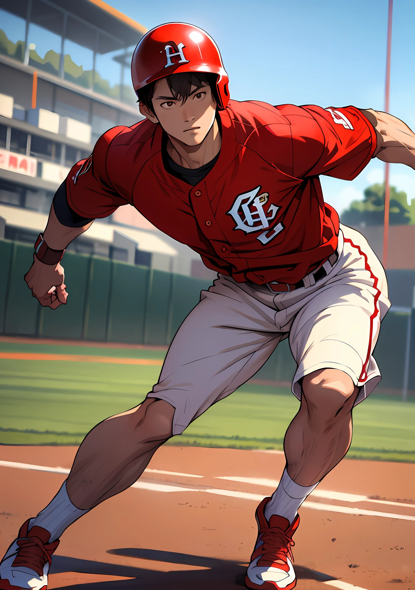 (masterpiece, top quality), one, Shohei Otani, Angels, muscular, short hair, brown eyes, complex, baseball field, full body, red baseball uniform, open red jacket, bright colors, (depth of field: 1.4), (abs), running, viewer watch, baseball helmet, speed line,