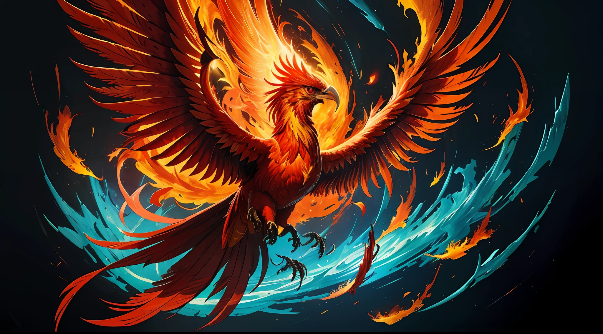 3phoenix, Firebird, (flaming plumage), mid-flight body, piercing eyes, abstract painting, maximum expressiveness, true masterpiece, unique representation, artistically detailed, mixed media technique, massive 12k canvas, stunning, surrealistic, colossal file size, super-detailed, maximum quality.