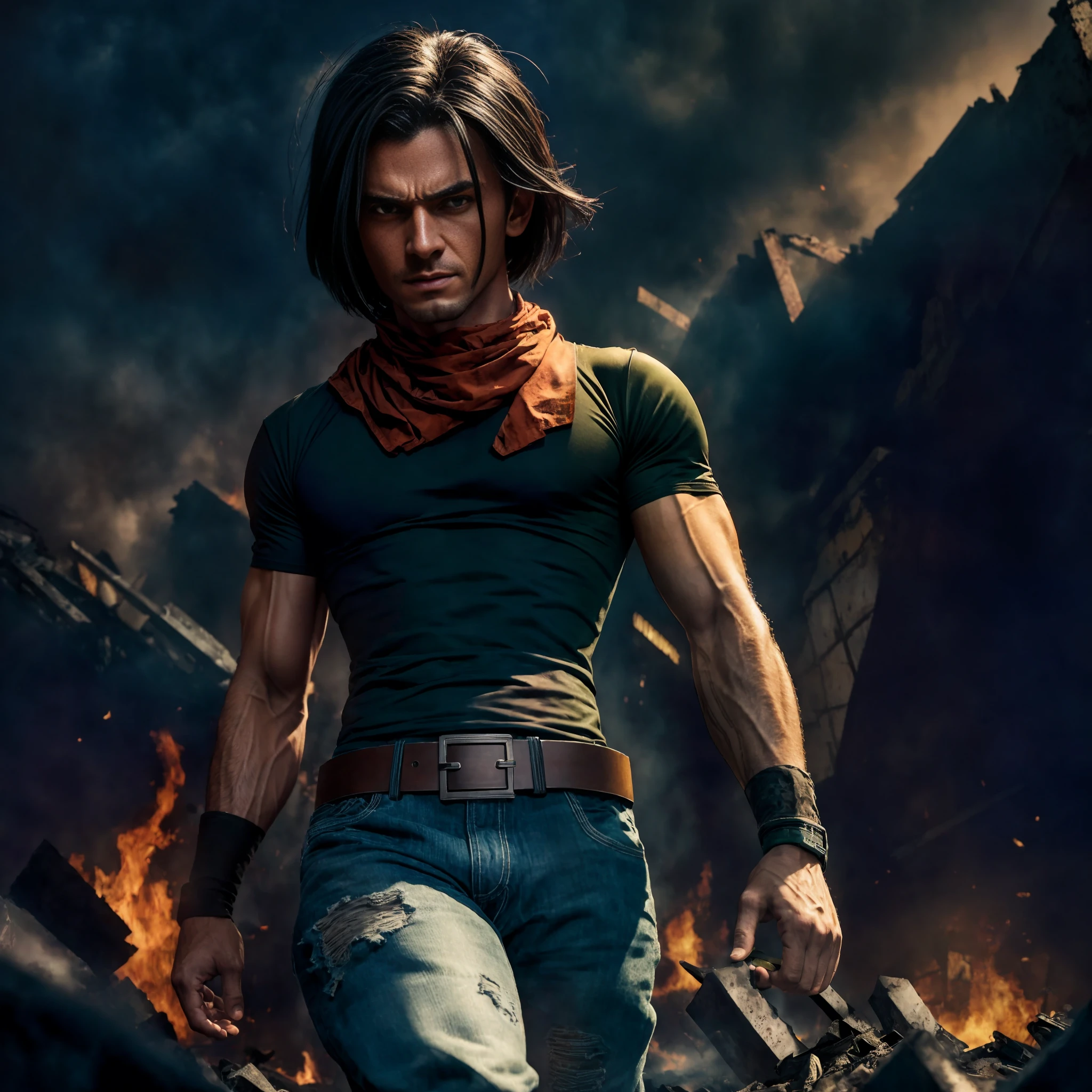 "(((Masterpiece))), best quality, ultra-detailed CG unity 8k wallpaper, depicting Android 17 from Dragon Ball Z in a ruined city, Standing, Black hair, Black T-Shirt With White undershirt, Blue Jeans, Green Socks, Blue Sport Shoes, Brown Belt, Big orange kerchief, destruction and chaos, smoke, fire, ruins, dust, intense shadows, dramatic lighting, moody atmosphere, cinematic finish, Smirking"
