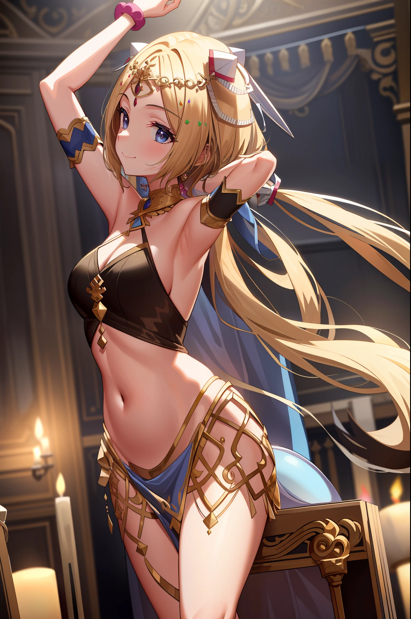 masterpiece, best quality, expressive eyes, perfect face, aki rosenthal, detached hair, long hair, low twintails, headgear, arabian clothes, bracelet, breasts, candle, circlet, cup, jewelry, navel, pelvic curtain, ring, sitting, smile, solo, arched back, dancer, arms up, standing