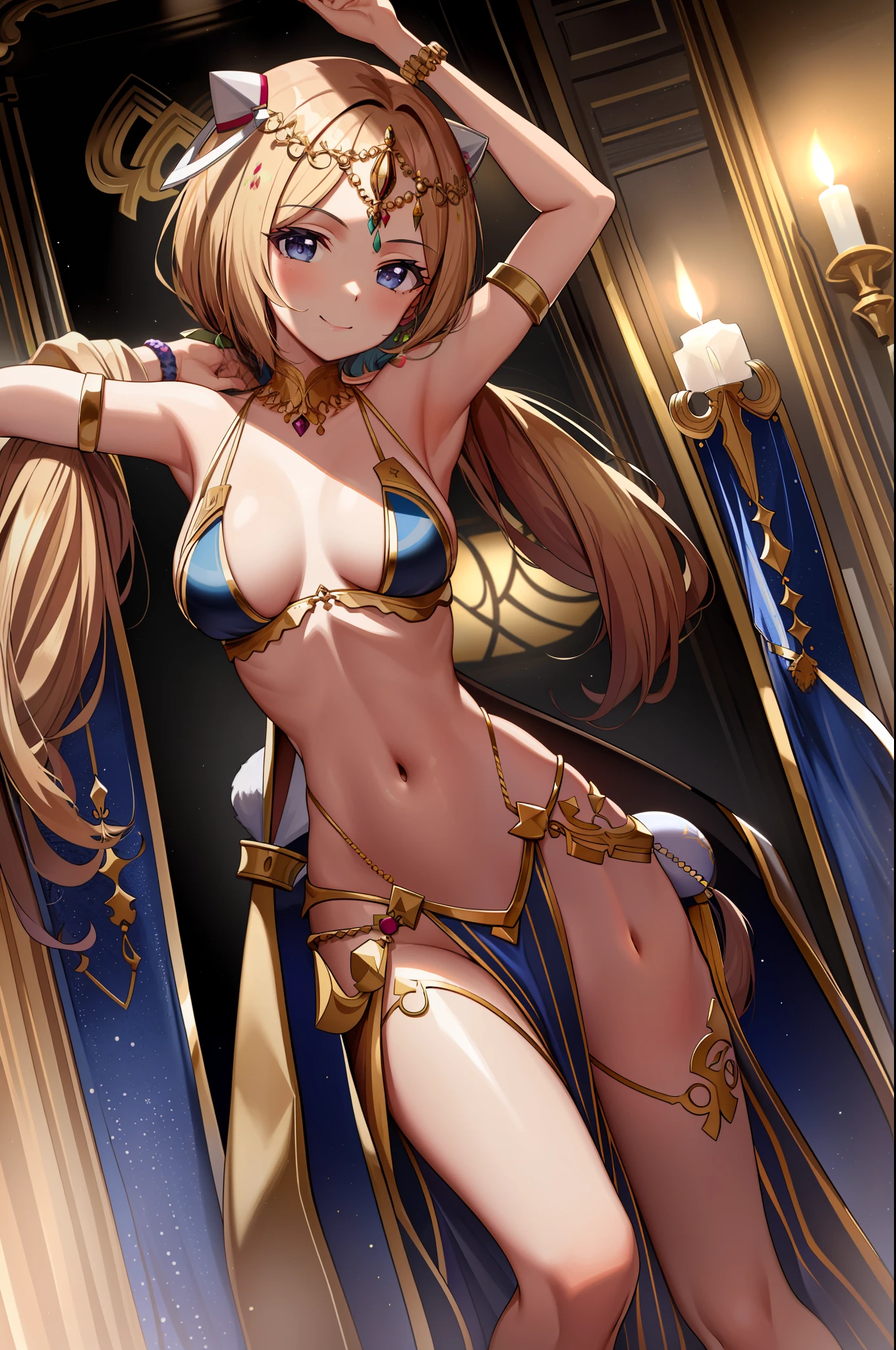 masterpiece, best quality, expressive eyes, perfect face, aki rosenthal, detached hair, long hair, low twintails, headgear, arabian clothes, bracelet, breasts, candle, circlet, cup, jewelry, navel, pelvic curtain, ring, sitting, smile, solo, arched back, dancer, arms up, standing