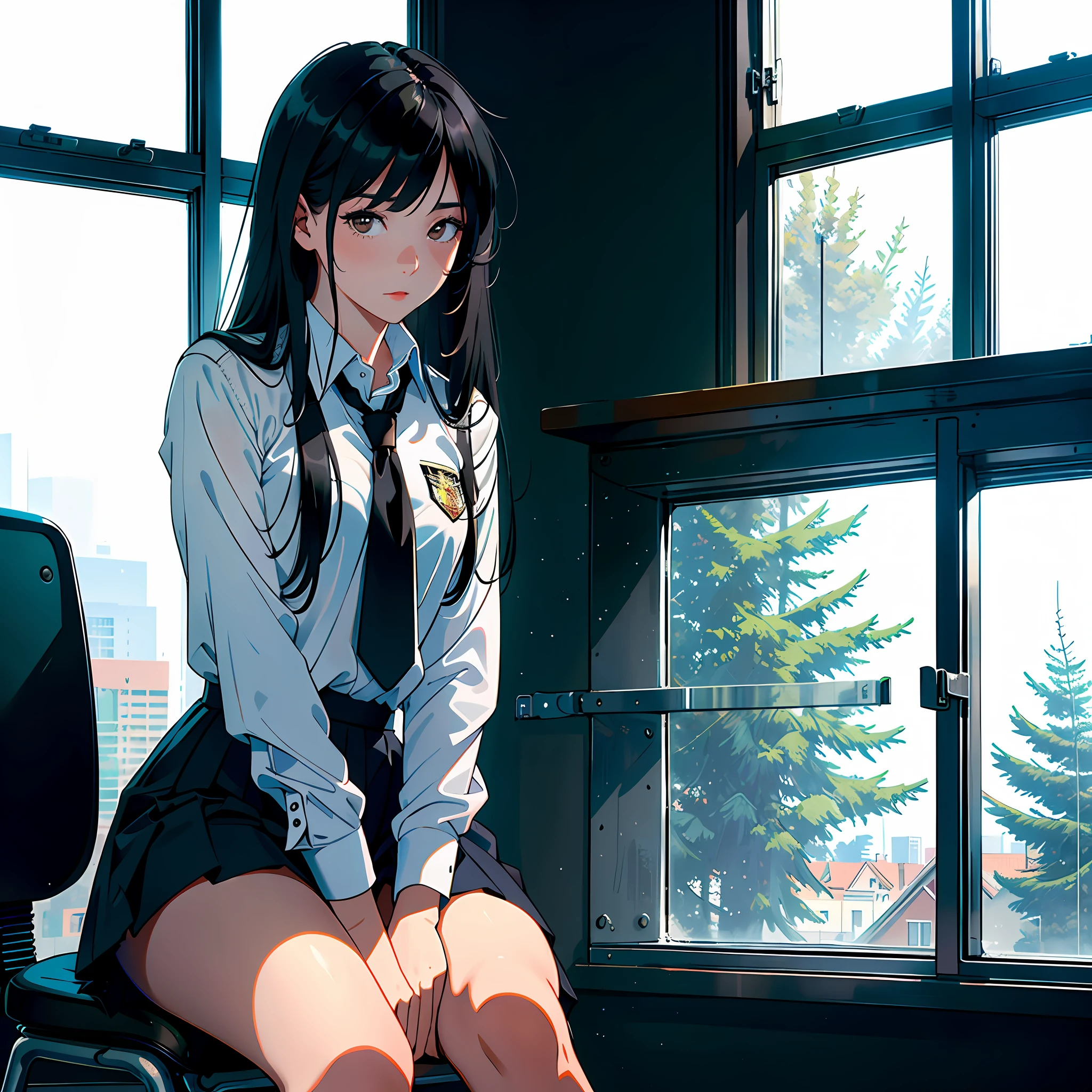 Ultra high resolution, 16k, ((masterpiece)), ((best quality))), ((super detailed)), a girl, long black hair, high school uniform, in a school conference room, sitting on a stool, leaning against a window