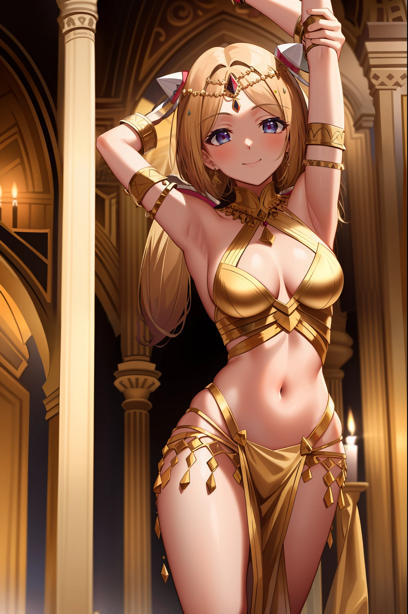 masterpiece, best quality, expressive eyes, perfect face, aki rosenthal, detached hair, long hair, low twintails, headgear, arabian clothes, bracelet, breasts, candle, circlet, cup, jewelry, navel, pelvic curtain, ring, sitting, smile, solo, arched back, dancer, arms up, standing