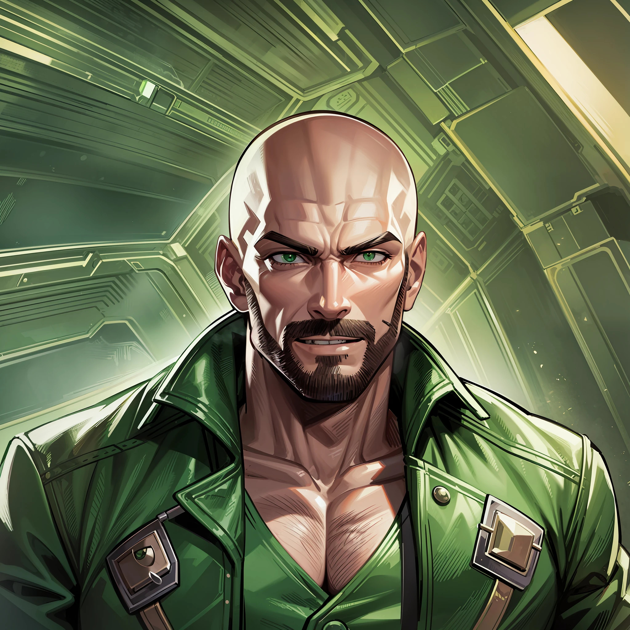 Green eyes, bald, muscular, cyborg, man, stubble beard, green trench coat, in a spaceship, cowboy shot, masterpiece