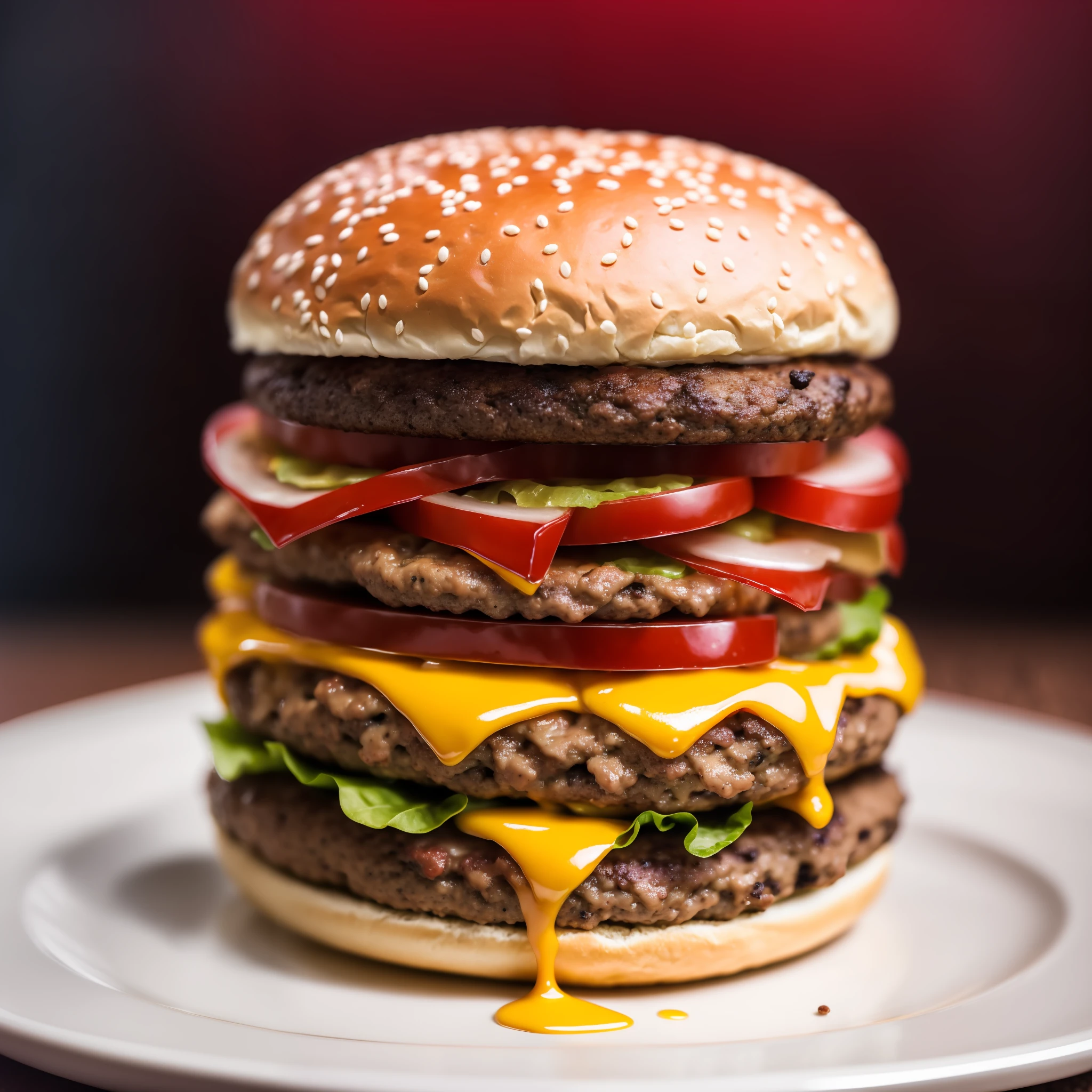 a closeup of 3 burger with meat and cheese on a bun, juicy burger, smoked layers, cheeseburger, burger on a plate, professional food photography, up-close food photography, high quality food photography, hamburger, monster burger, deathburger, 4K food photography, dark background