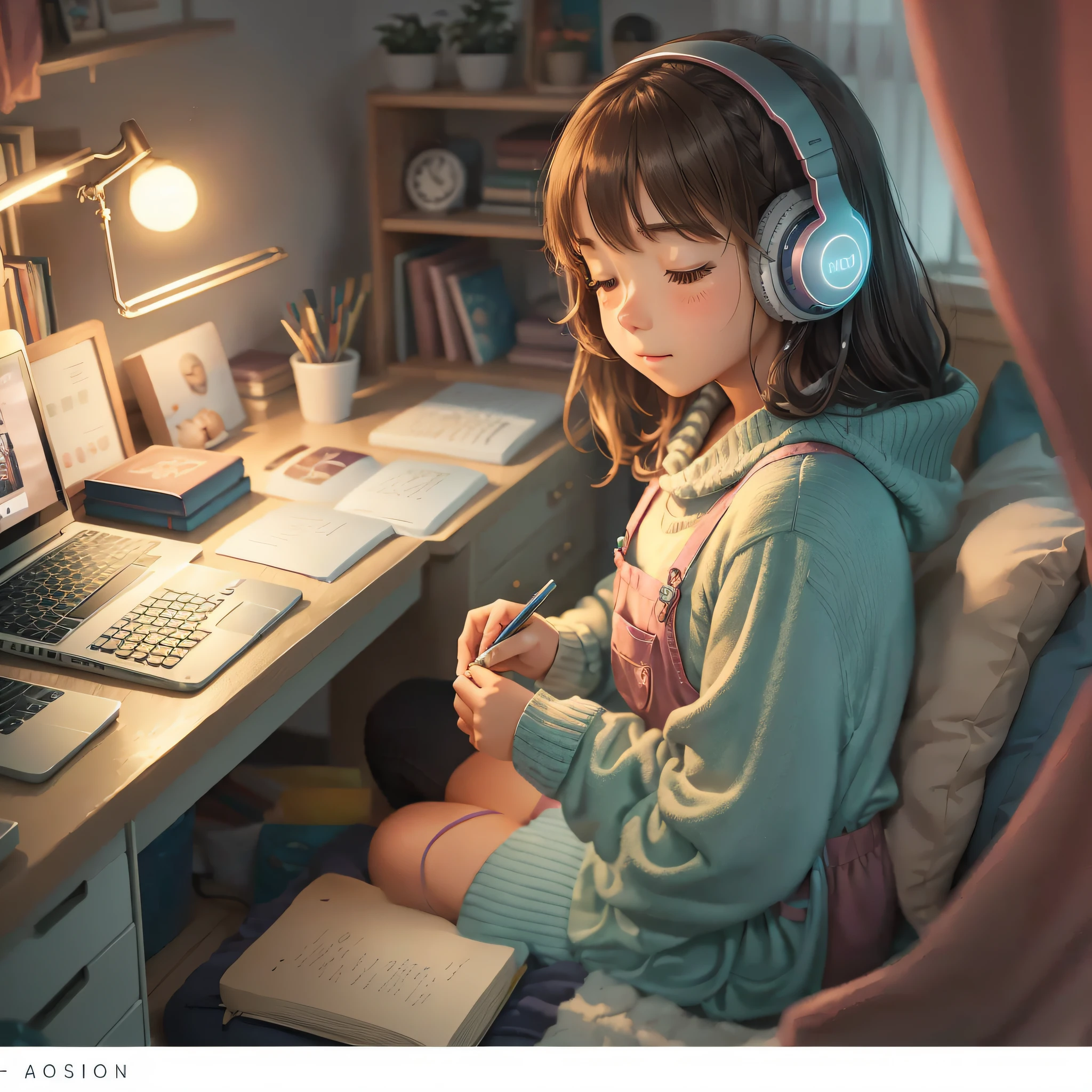 Create a cozy Lofi image featuring a girl sitting at a desk in a bedroom. The room should have warm lighting, with fairy lights hanging on the walls. The girl should be wearing headphones and listening to music while studying or working on something. There should be a cup of steaming tea or coffee on the desk, along with some notebooks and stationery. The overall atmosphere should be relaxed and peaceful, with a touch of nostalgia. Please ensure that the image has a resolution suitable for YouTube video usage. --auto --s2