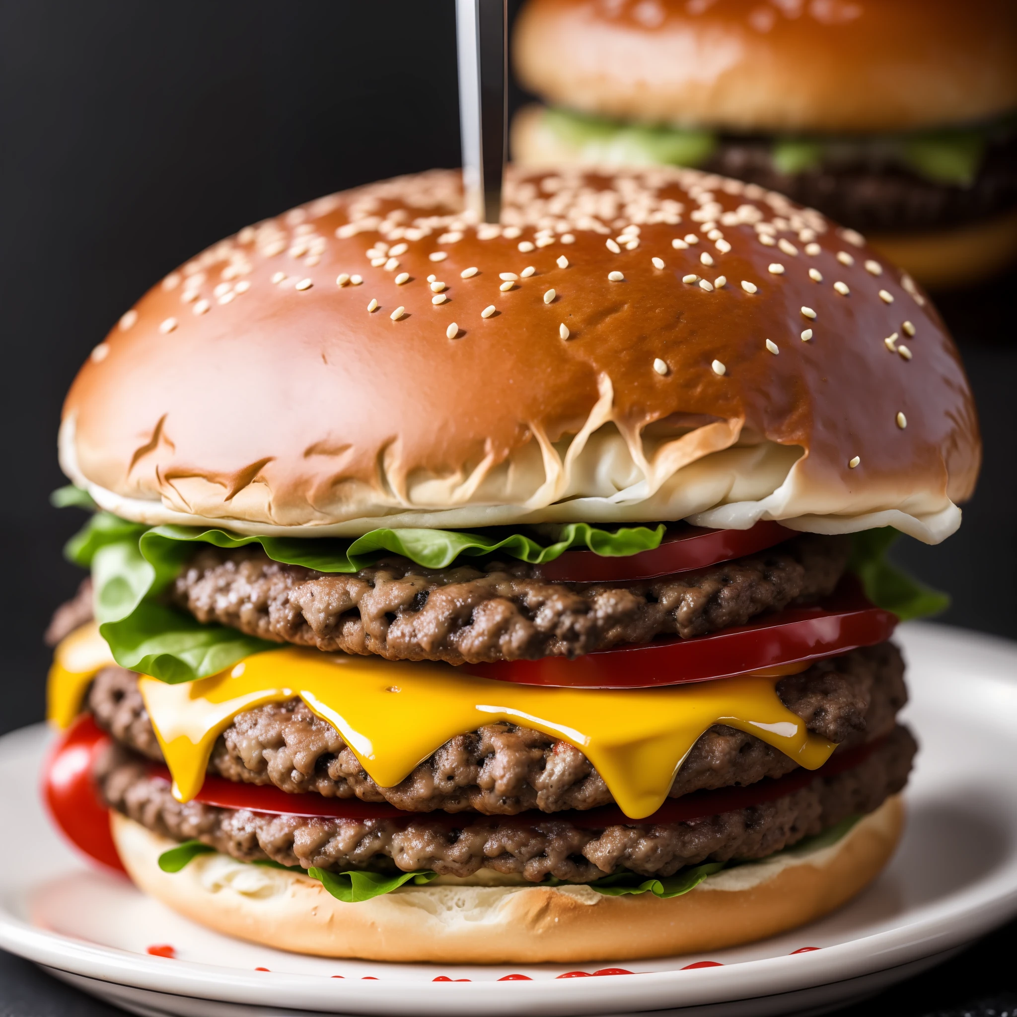 a closeup of 3 burger with meat and cheese on a bun, juicy burger, smoked layers, cheeseburger, burger on a plate, professional food photography, up-close food photography, high quality food photography, hamburger, monster burger, deathburger, 4K food photography, dark background
